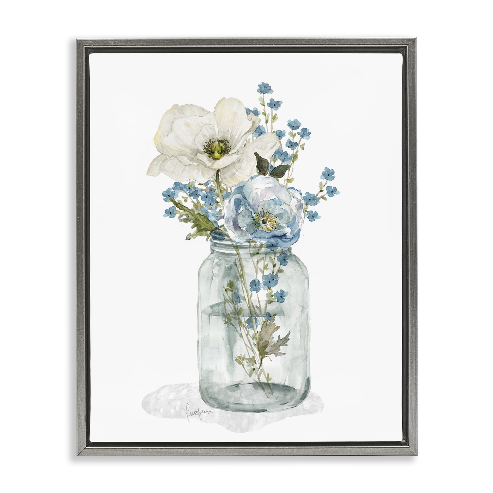 Stupell Industries Soft Flower Jar Botanical & Floral Painting Gray Floater Framed Art Print Wall Art, 17 x 21