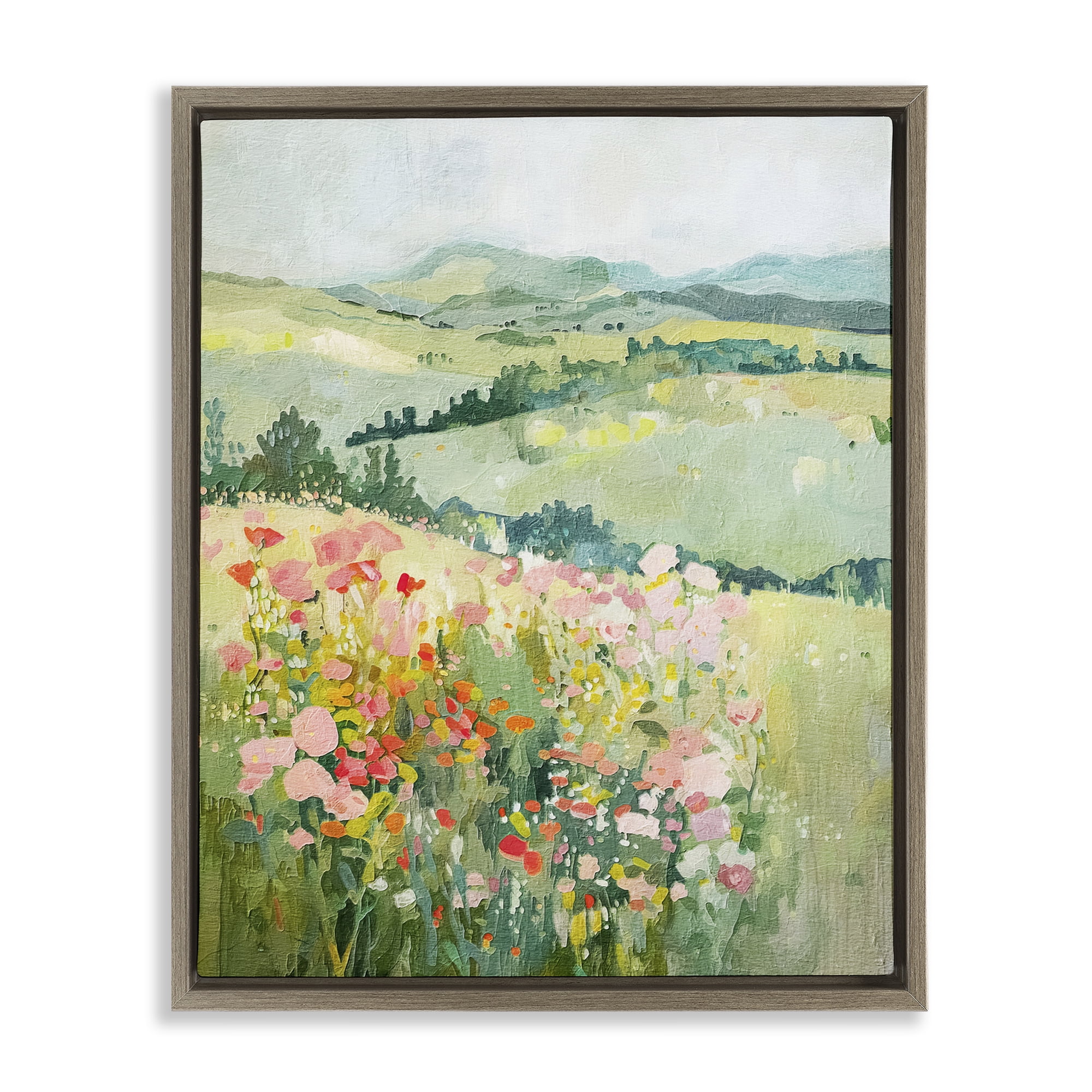 Stupell Industries Soft Flowers Meadow Landscape & Nature Painting Brown Floater Framed Canvas Art Print Wall Art, 17 x 21