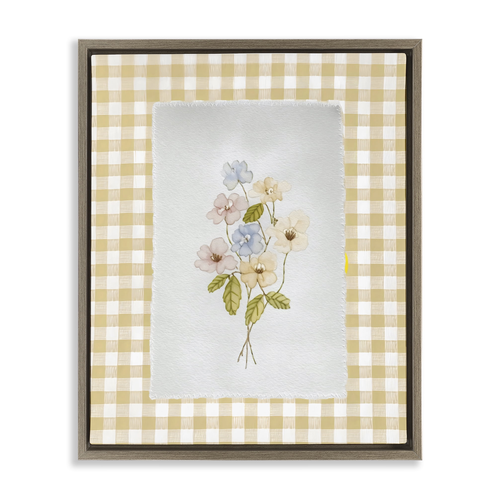 Stupell Industries Soft Gingham Flowers Brown Framed Floater Canvas Wall Art, design by Arlington Prints