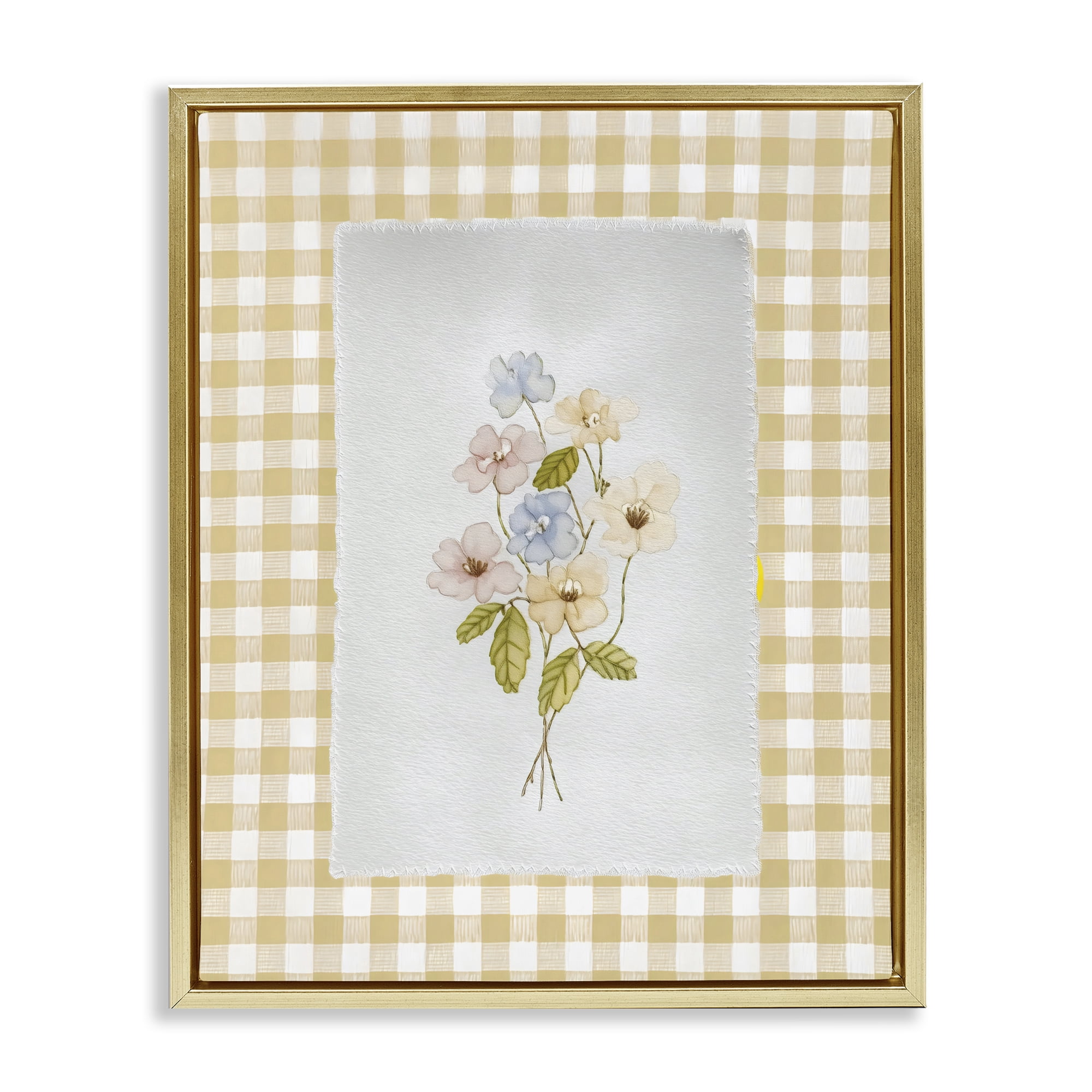 Stupell Industries Soft Gingham Flowers Gold Framed Floater Canvas Wall Art, design by Arlington Prints