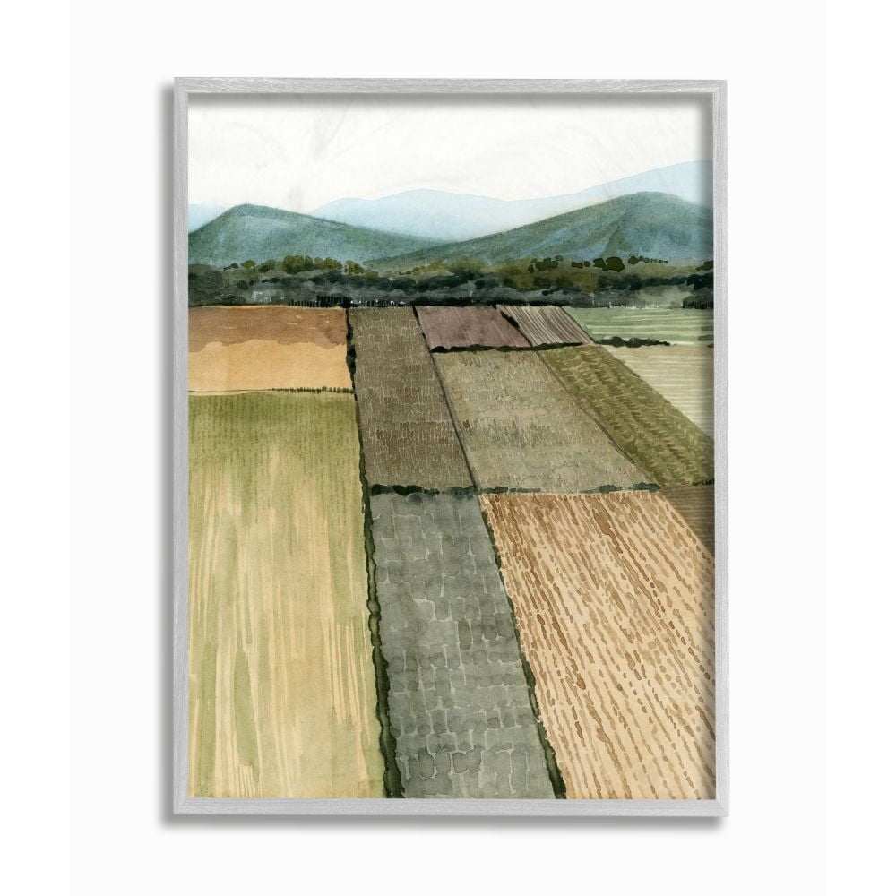 Stupell Industries Soft Green Farm Land and Mountain Landscape Framed Wall Art Design by Grace Popp, 16" x 20", Gray Framed