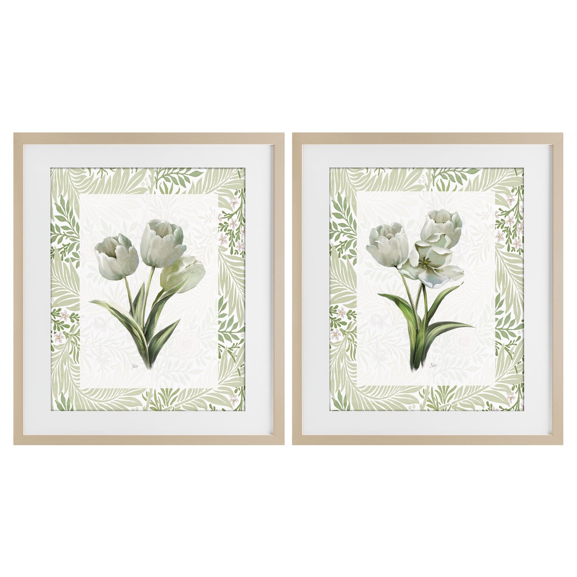 Stupell Industries Soft Green Tulip Trios 2 Piece Birch Framed Print Under Glass Set, design by Nan