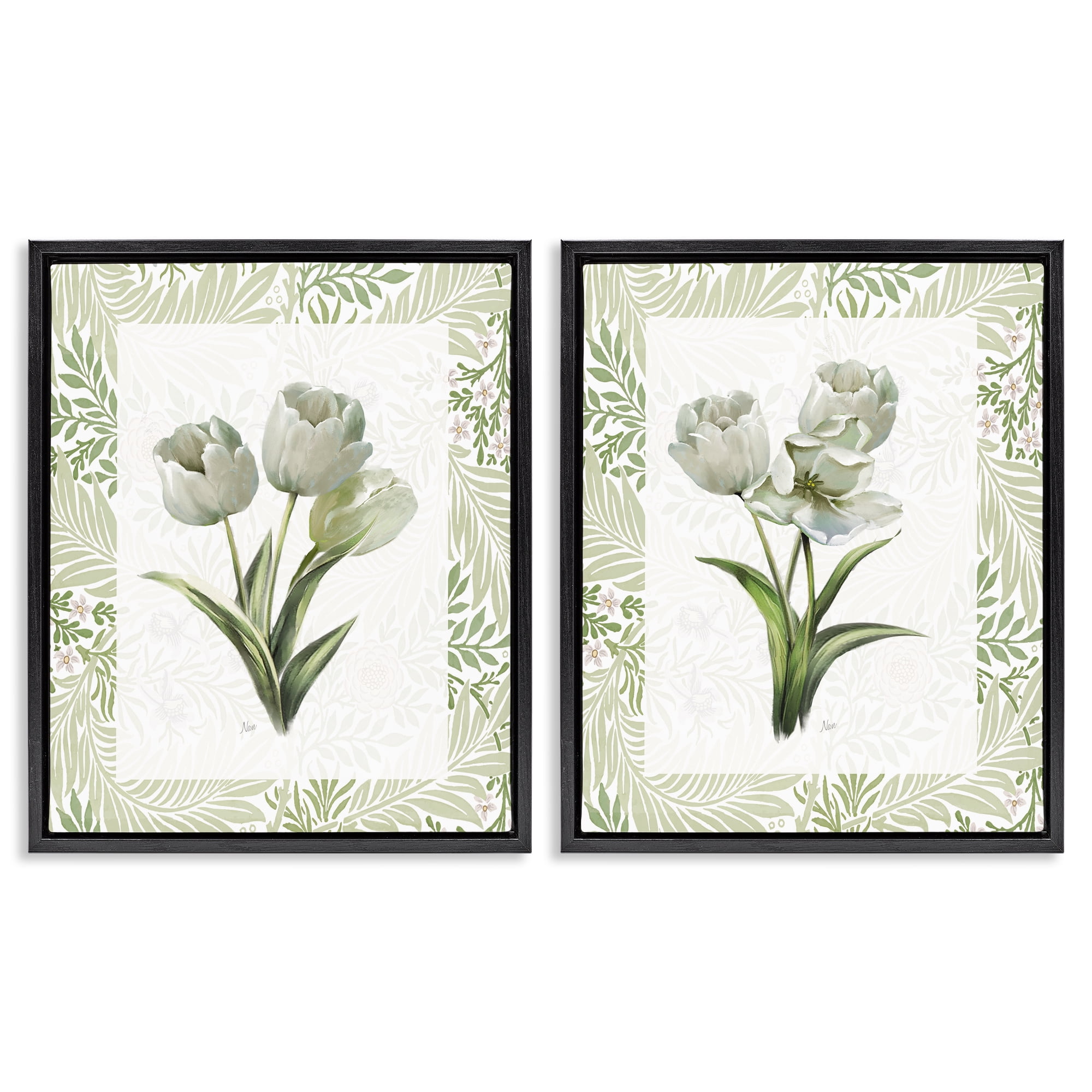 Stupell Industries Soft Green Tulip Trios 2 Piece Black Framed Floater Canvas Set, design by Nan