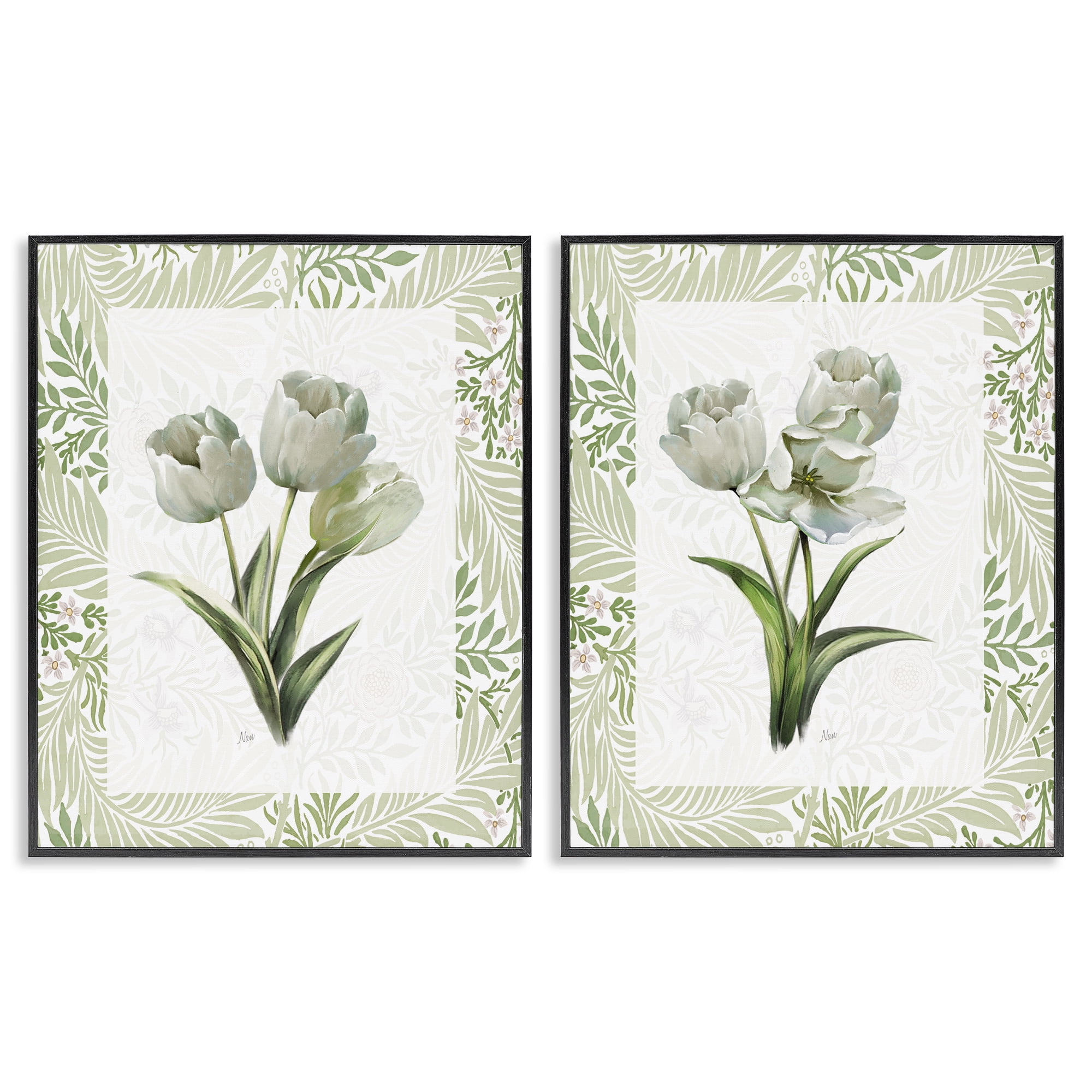 Stupell Industries Soft Green Tulip Trios 2 Piece Black Framed Giclee Art Set, design by Nan