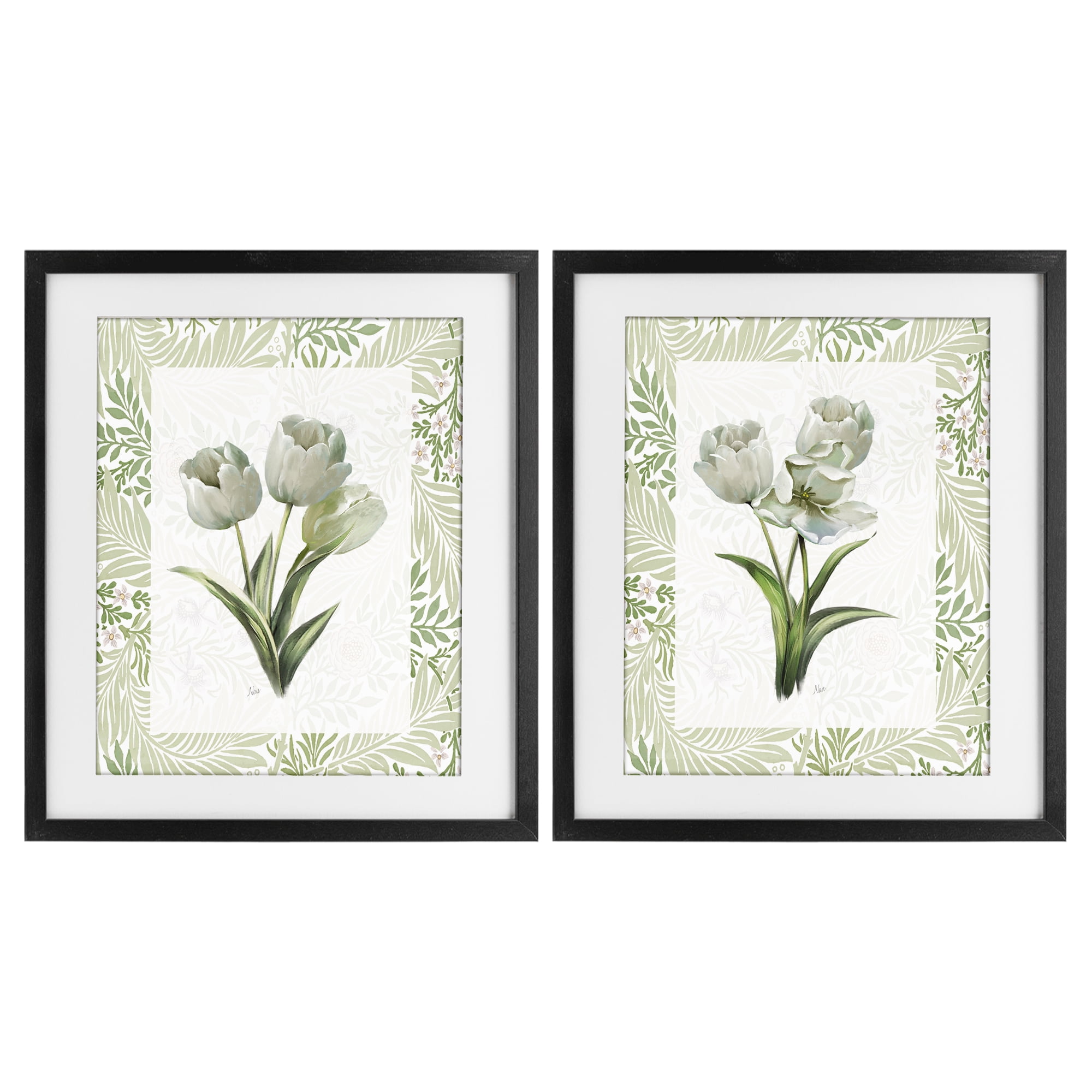 Stupell Industries Soft Green Tulip Trios 2 Piece Black Framed Print Under Glass Set, design by Nan
