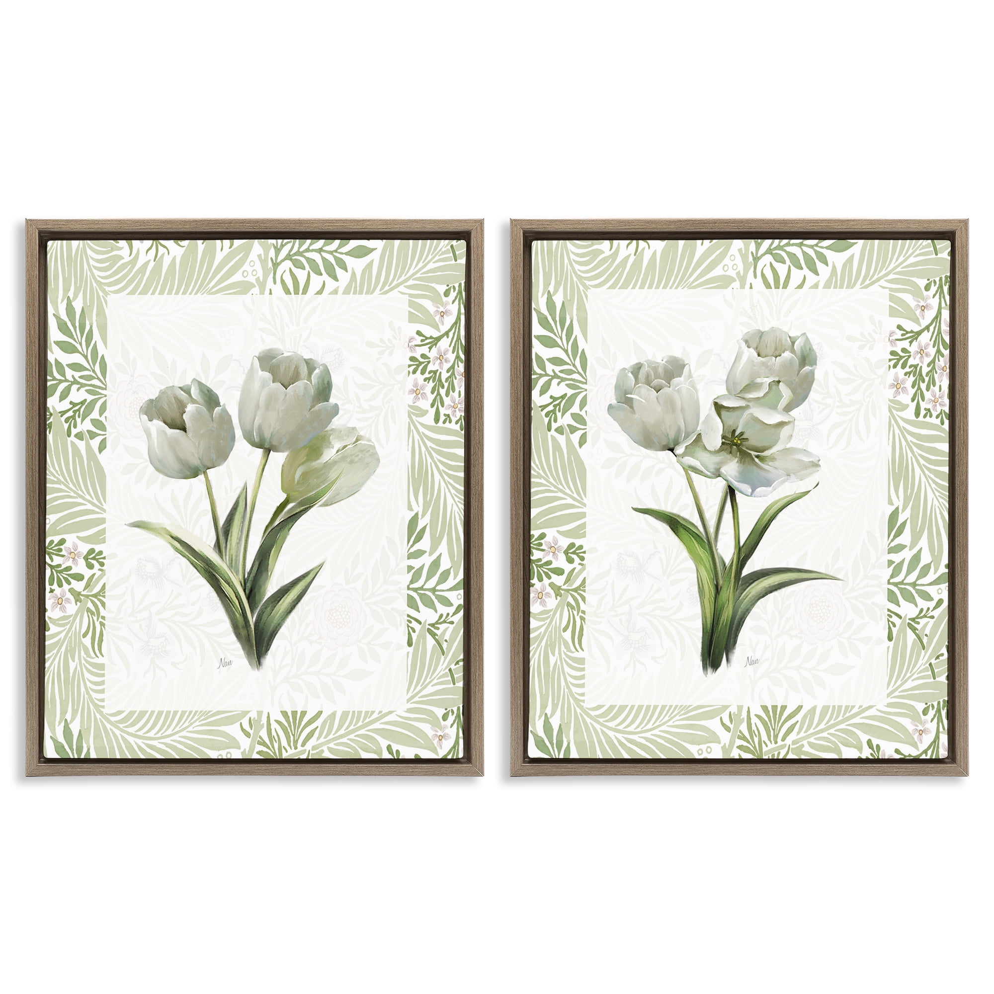Stupell Industries Soft Green Tulip Trios 2 Piece Brown Framed Floater Canvas Set, design by Nan