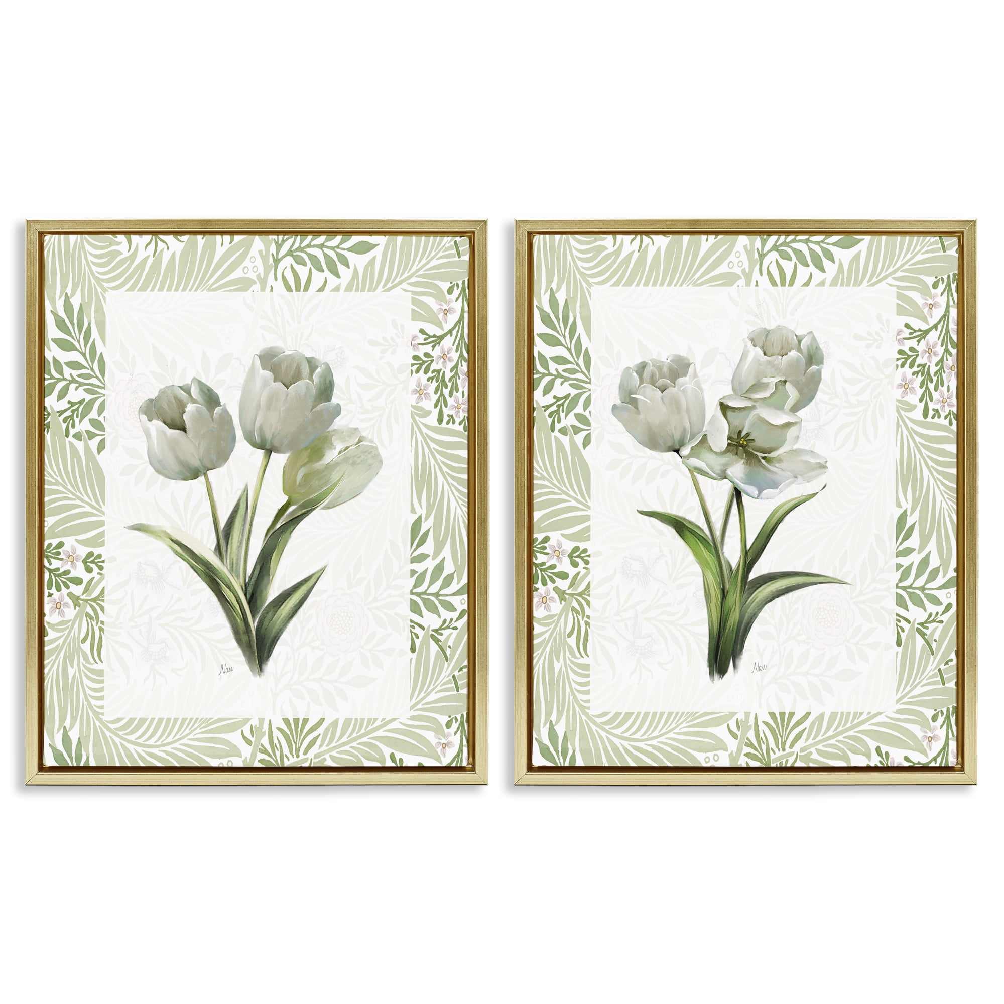 Stupell Industries Soft Green Tulip Trios 2 Piece Gold Framed Floater Canvas Set, design by Nan