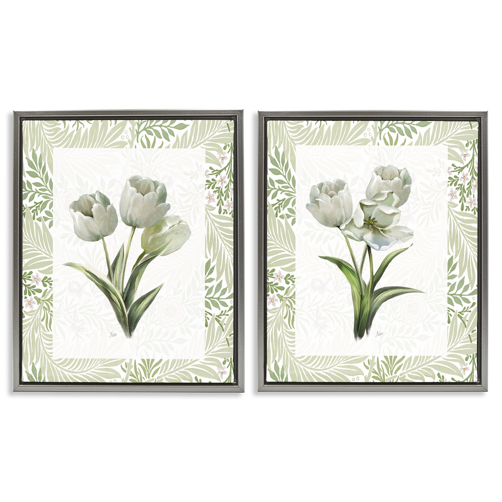 Stupell Industries Soft Green Tulip Trios 2 Piece Gray Framed Floater Canvas Set, design by Nan