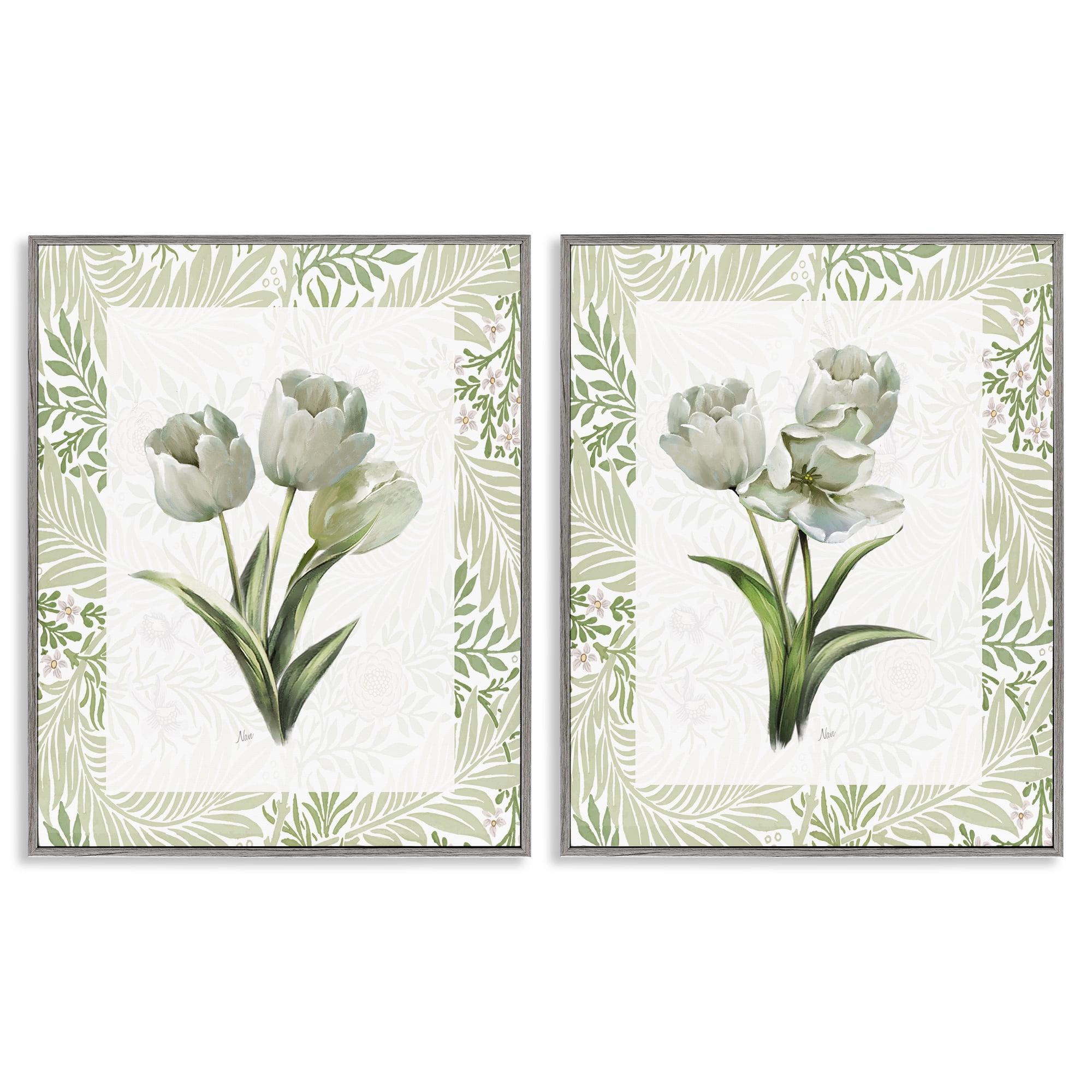 Stupell Industries Soft Green Tulip Trios 2 Piece Gray Framed Giclee Art Set, design by Nan