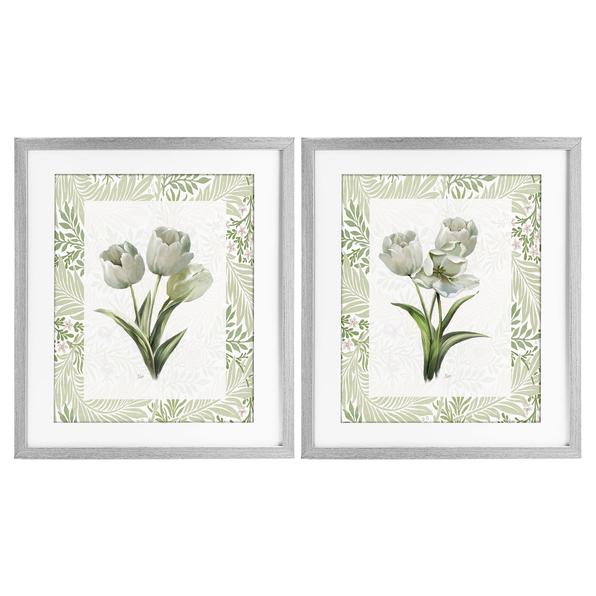 Stupell Industries Soft Green Tulip Trios 2 Piece Gray Framed Print Under Glass Set, design by Nan