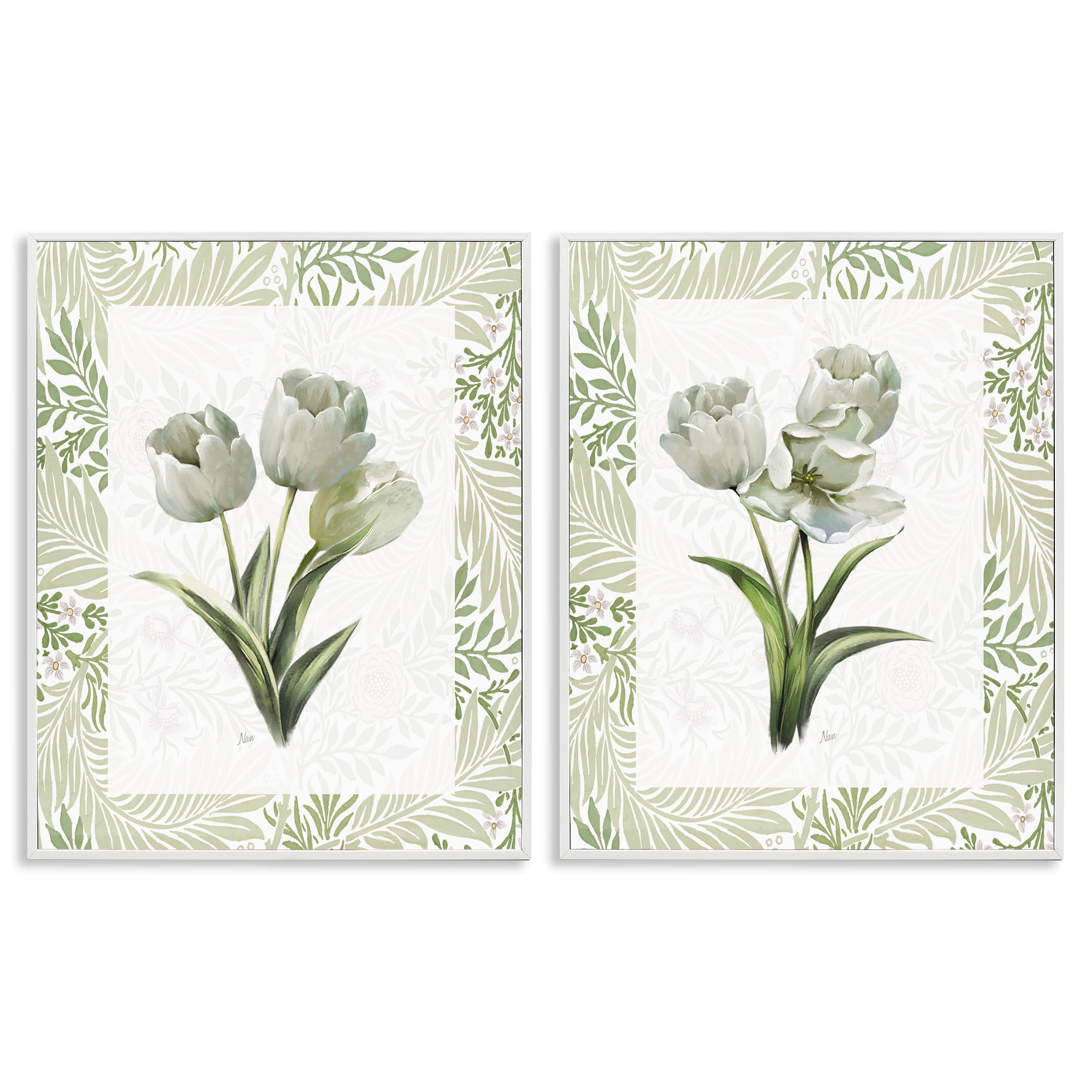 Stupell Industries Soft Green Tulip Trios 2 Piece White Framed Giclee Art Set, design by Nan