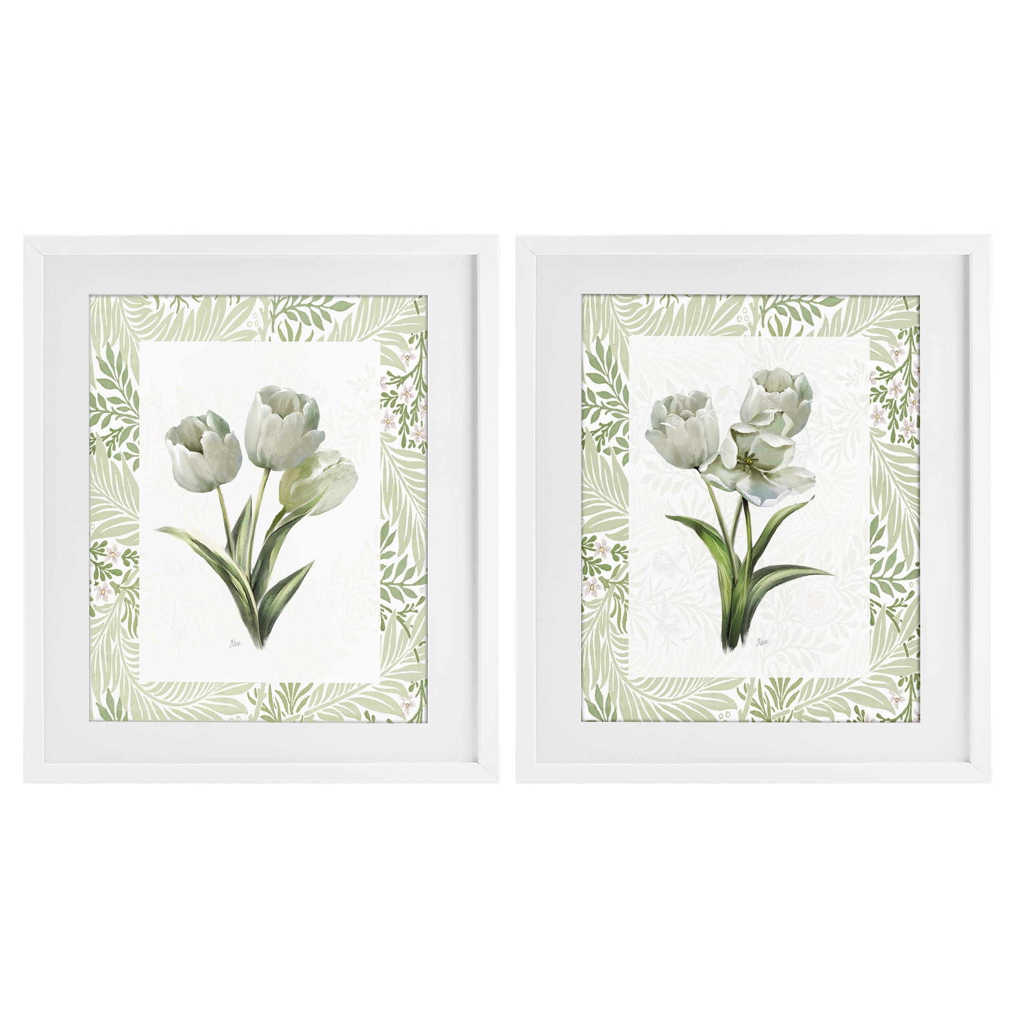 Stupell Industries Soft Green Tulip Trios 2 Piece White Framed Print Under Glass Set, design by Nan