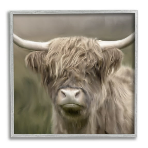 Stupell Industries Soft Highland Cow Animals & Insects Painting Gray Framed Art Print Wall Art, 17 x 17
