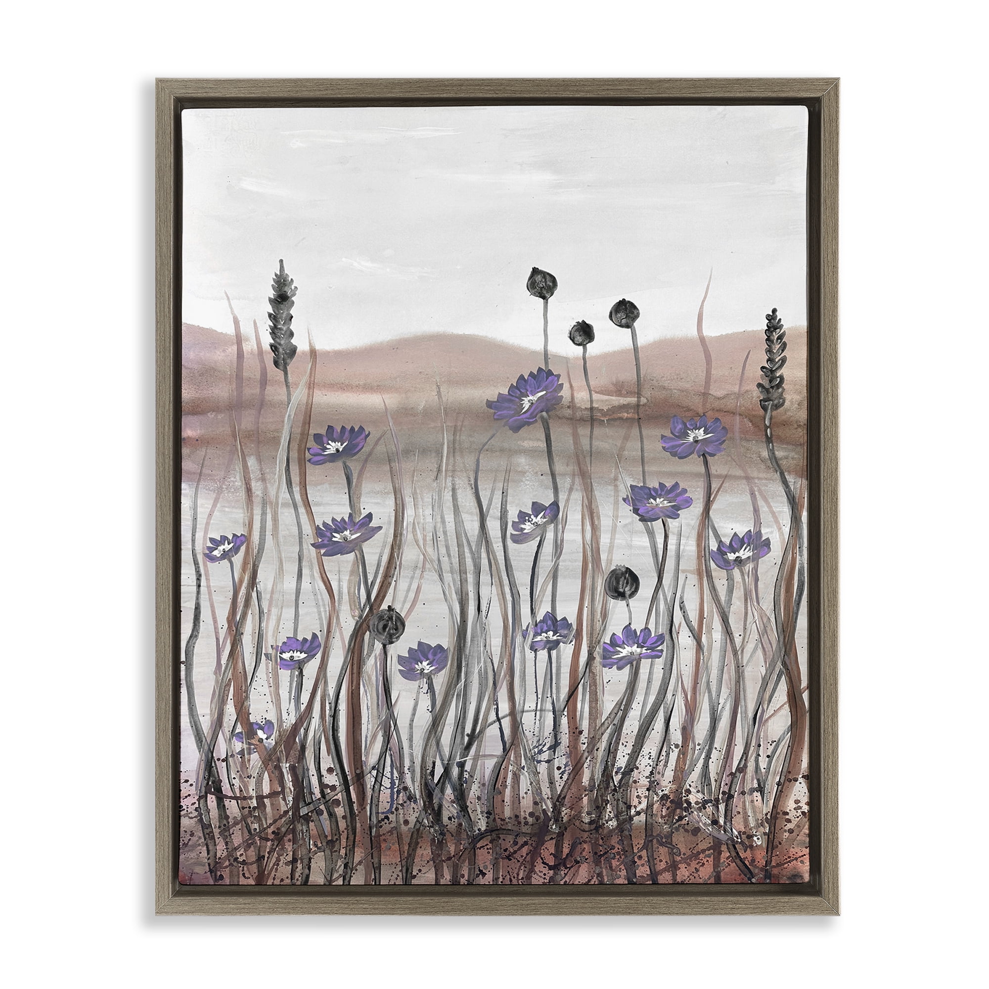 Stupell Industries Soft Lakeside Blooms Landscape Painting Brown Floater Framed Art Print Wall Art, 25 x 31