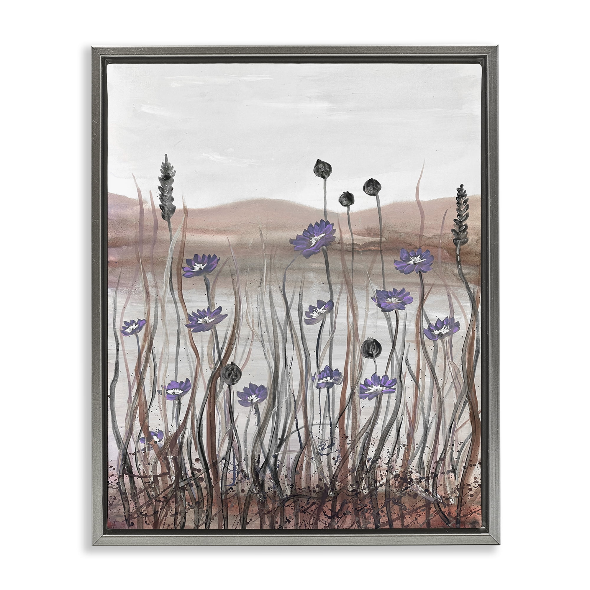 Stupell Industries Soft Lakeside Blooms Landscape Painting Gray Floater Framed Art Print Wall Art, 25 x 31