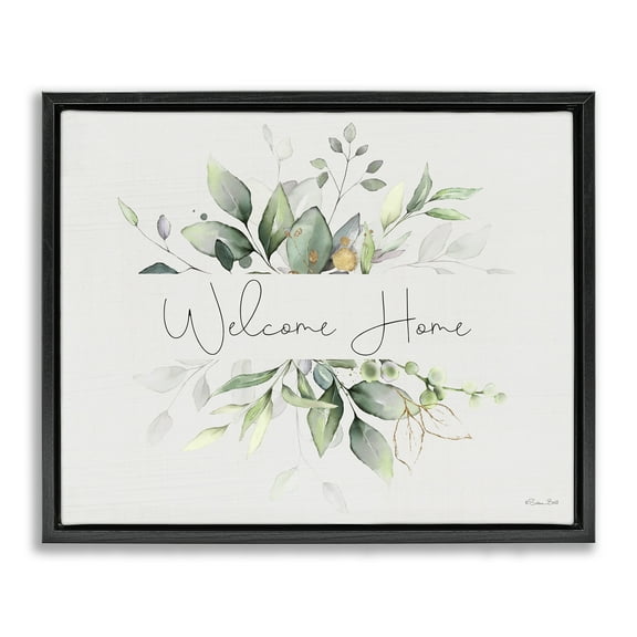 Stupell Industries Soft Leaves Welcome Botanical & Floral Painting Black Floater Framed Canvas Art Print Wall Art, 21 x 17