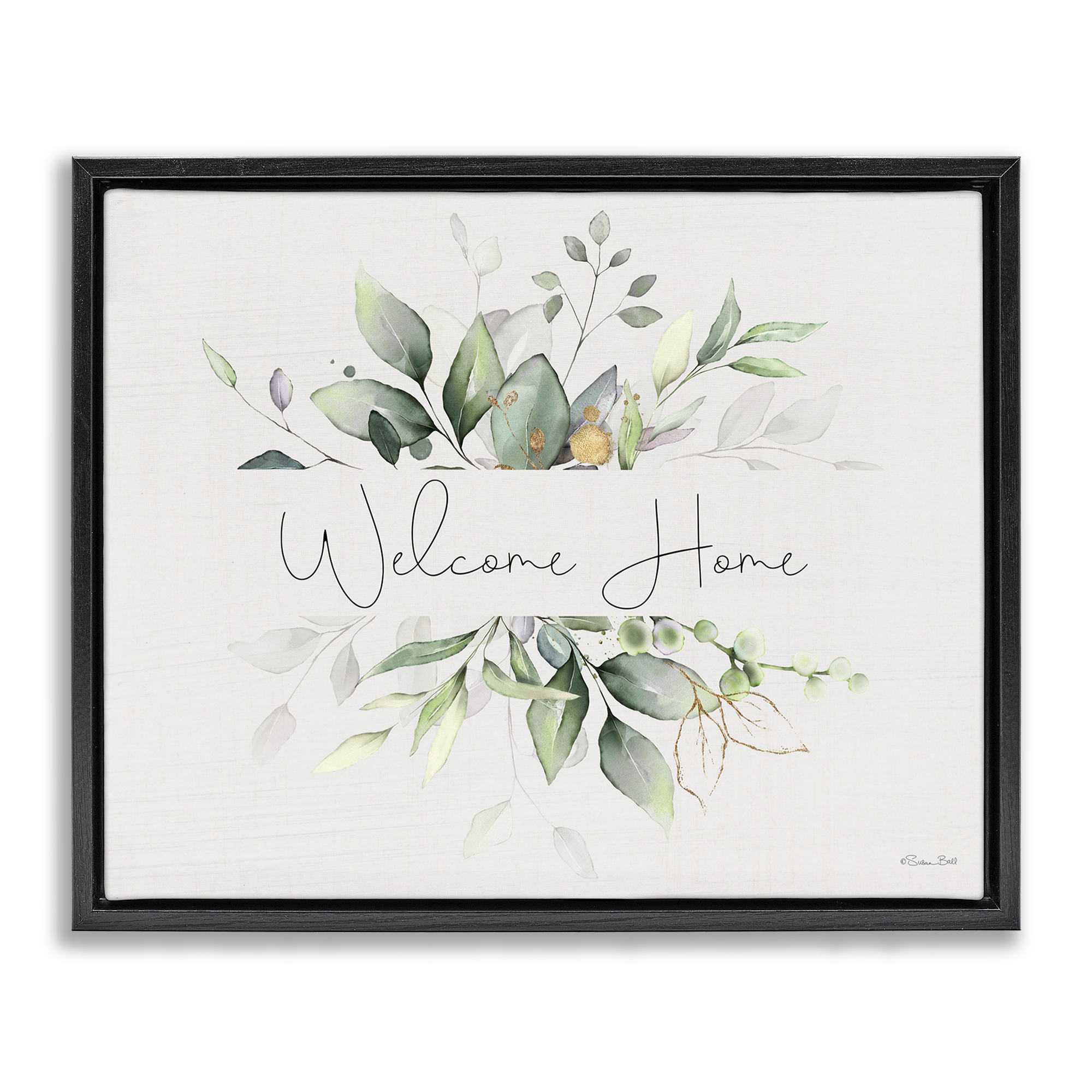 Stupell Industries Soft Leaves Welcome Botanical & Floral Painting Black Floater Framed Canvas Art Print Wall Art, 31 x 25
