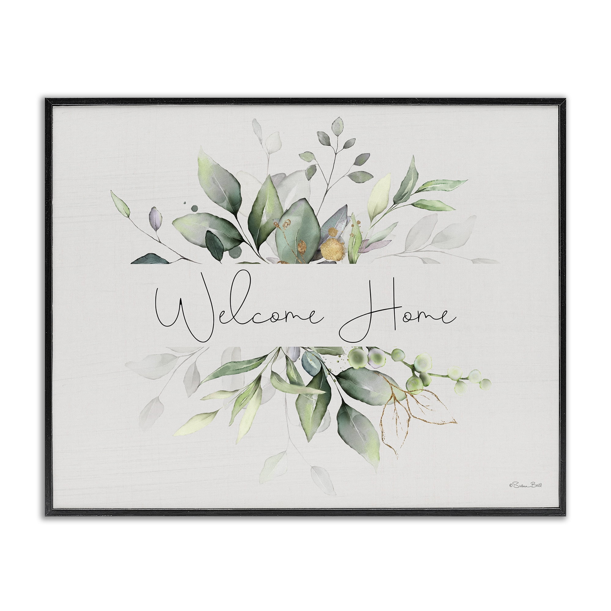 Stupell Industries Soft Leaves Welcome Botanical & Floral Painting Black Framed Art Print Wall Art, 30 x 24