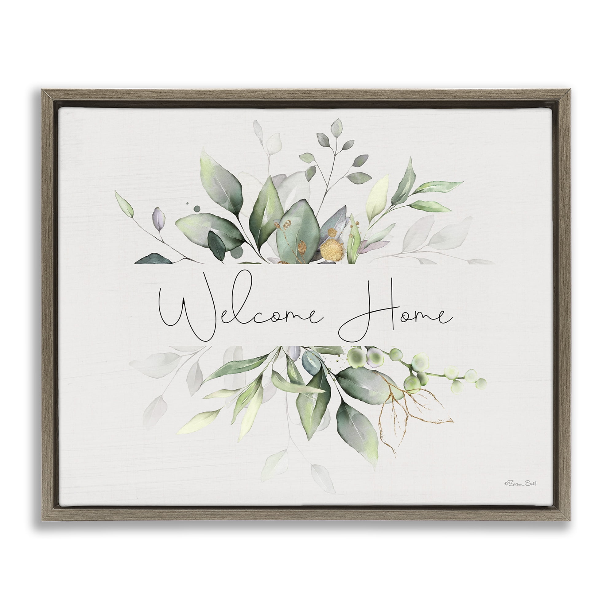 Stupell Industries Soft Leaves Welcome Botanical & Floral Painting Brown Floater Framed Canvas Art Print Wall Art, 21 x 17