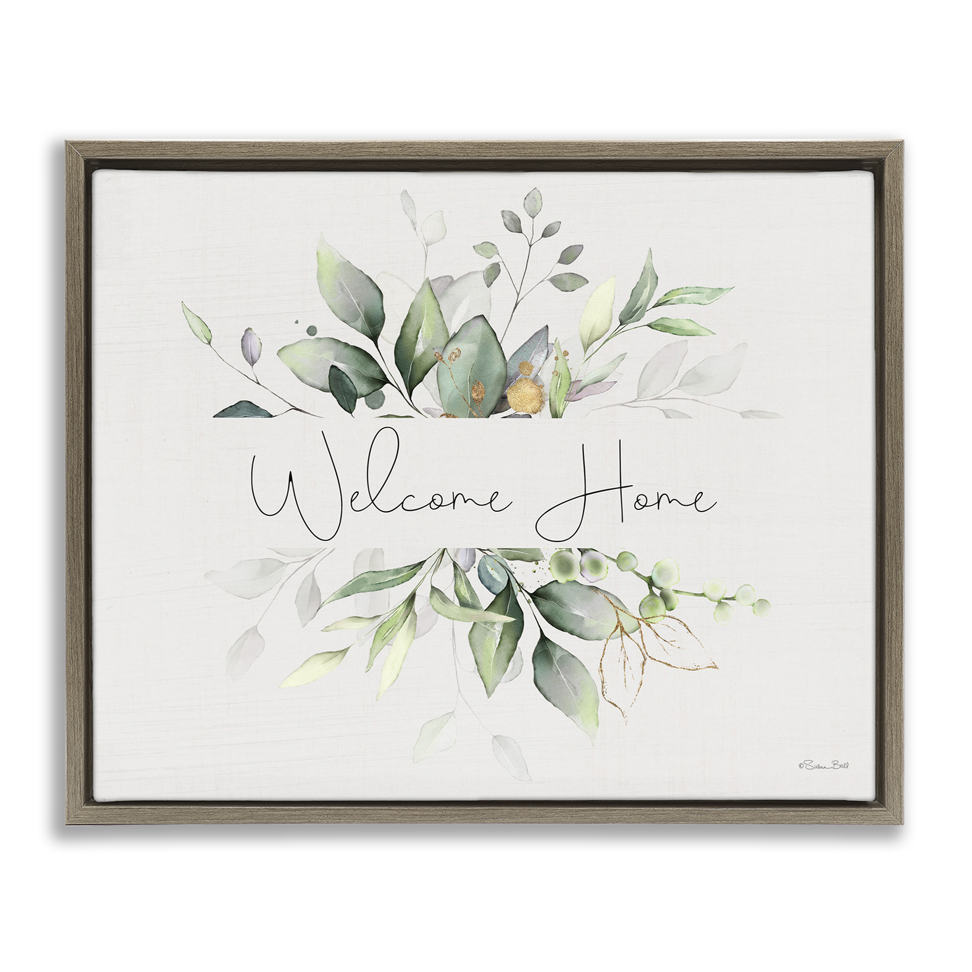 Stupell Industries Soft Leaves Welcome Botanical & Floral Painting Brown Floater Framed Canvas Art Print Wall Art, 31 x 25