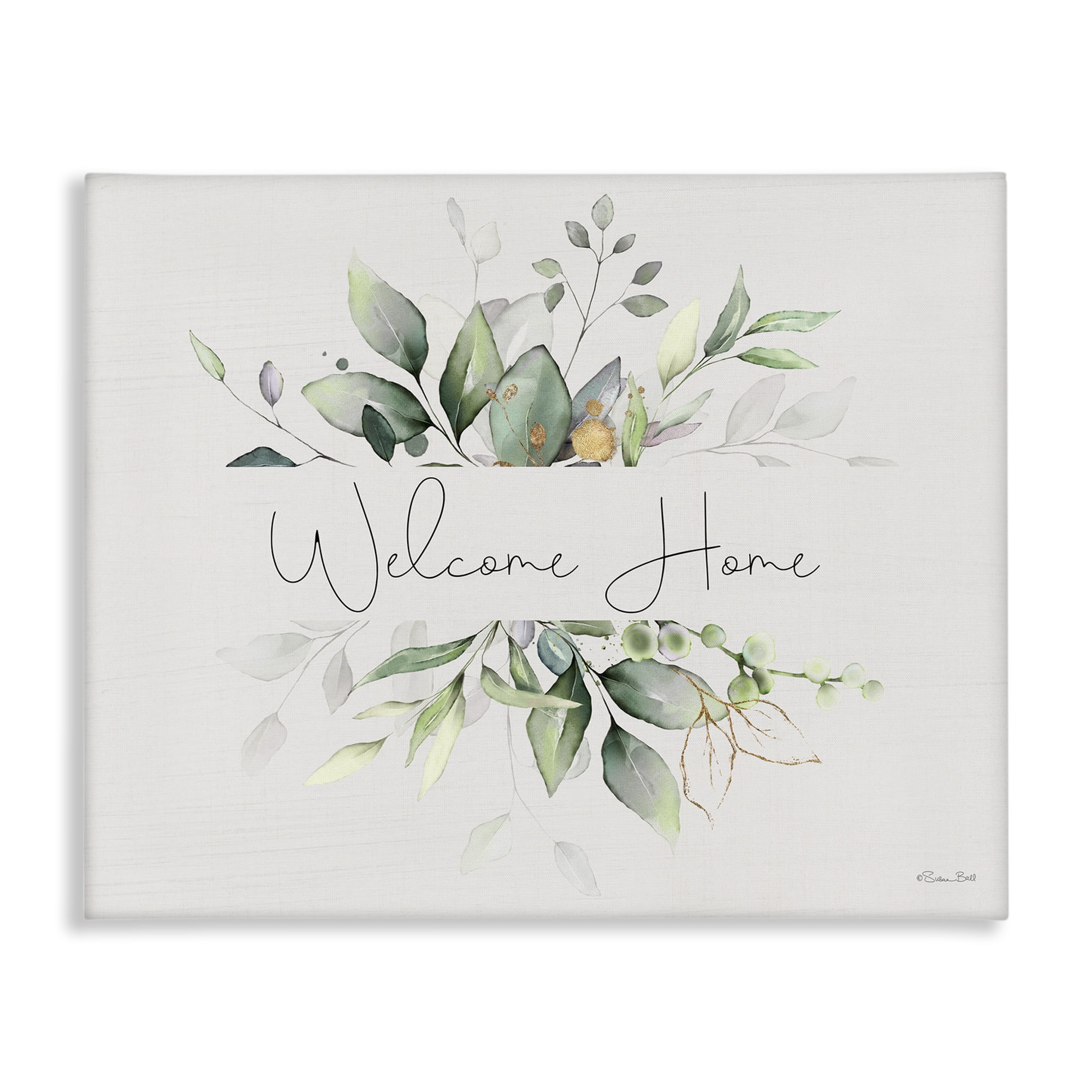 Stupell Industries Soft Leaves Welcome Botanical & Floral Painting Gallery Wrapped Canvas Art Print Wall Art, 48 x 36