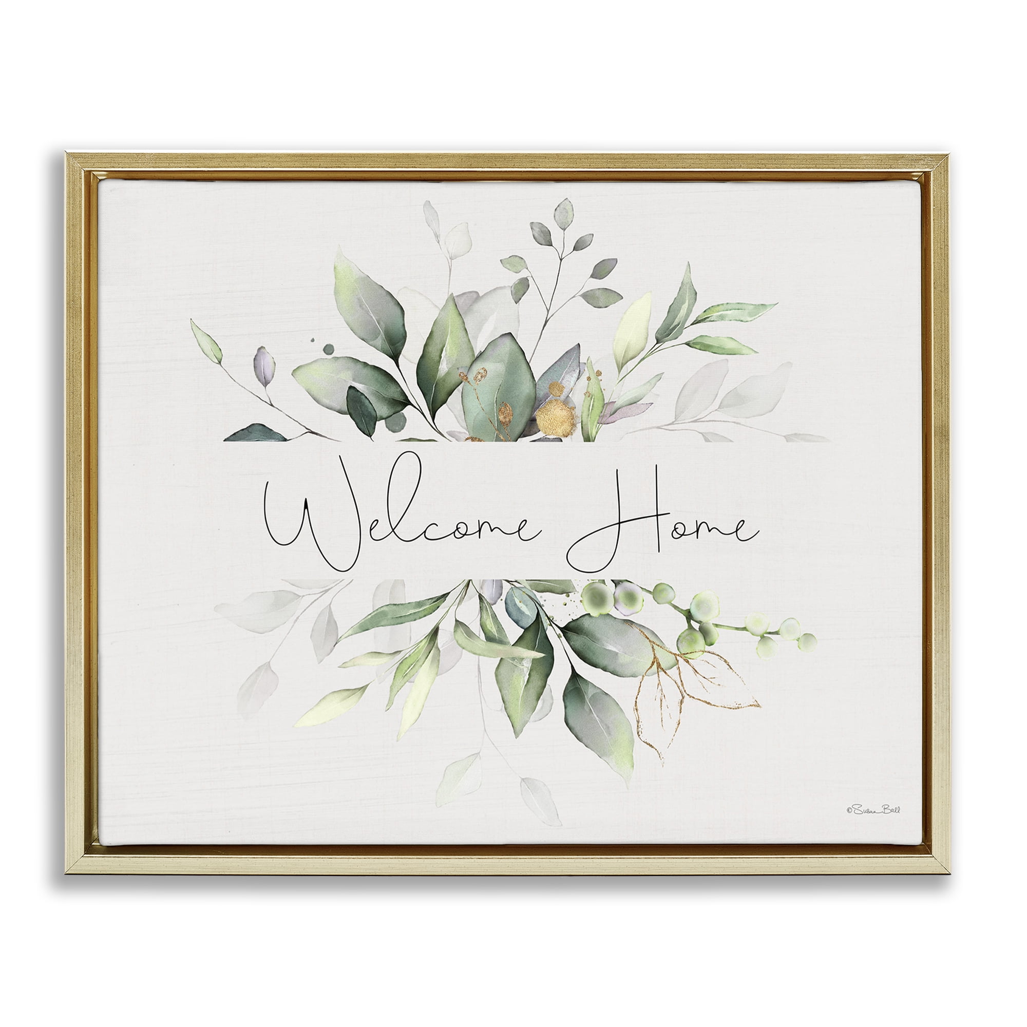 Stupell Industries Soft Leaves Welcome Botanical & Floral Painting Gold Floater Framed Canvas Art Print Wall Art, 21 x 17
