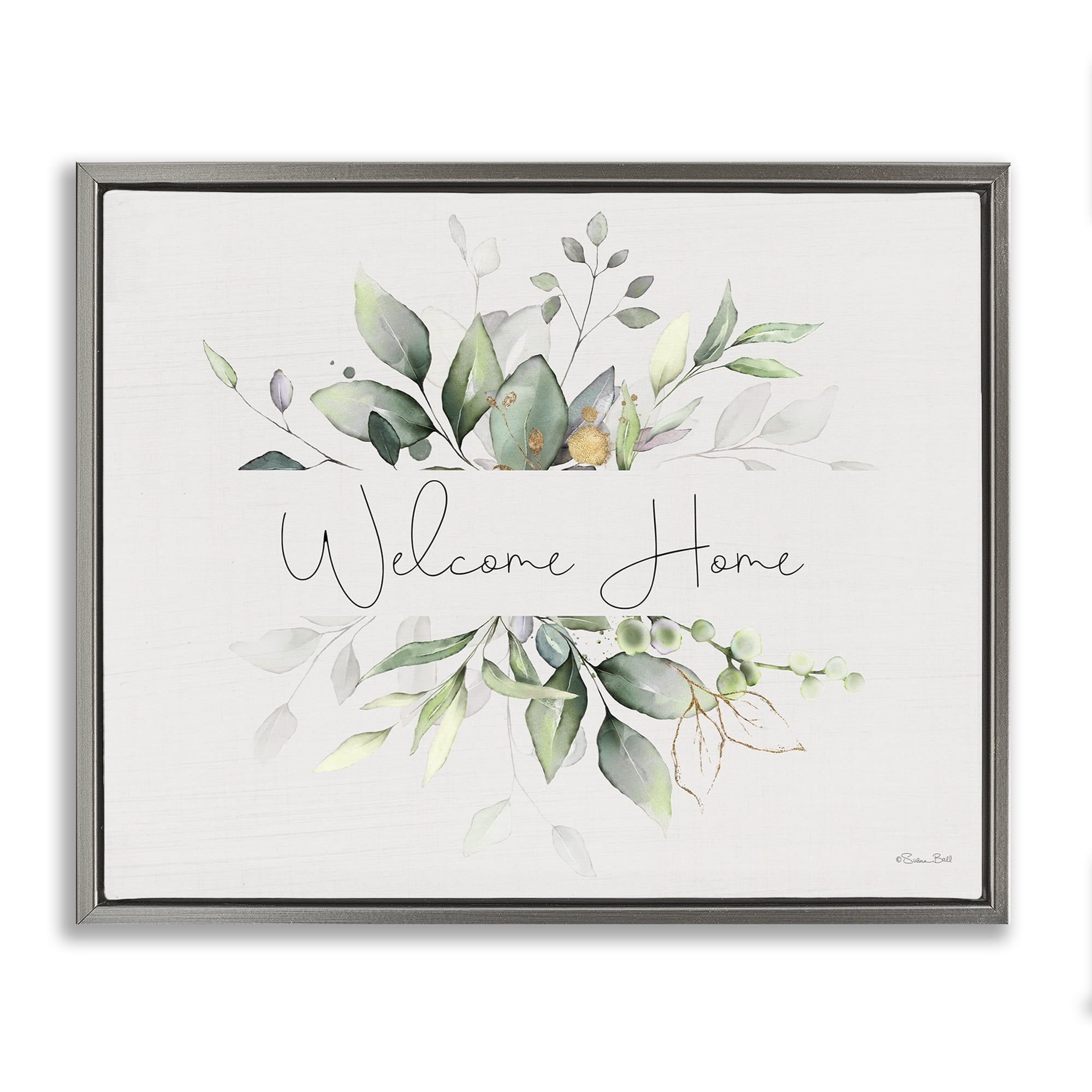 Stupell Industries Soft Leaves Welcome Botanical & Floral Painting Gray Floater Framed Canvas Art Print Wall Art, 31 x 25