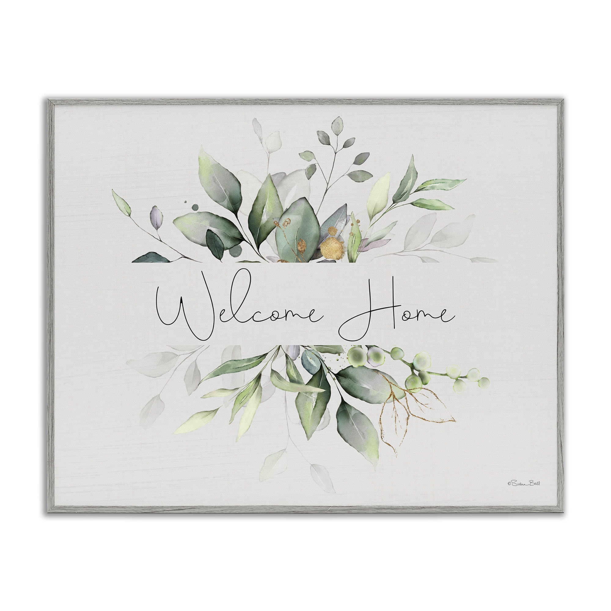 Stupell Industries Soft Leaves Welcome Botanical & Floral Painting Gray Framed Art Print Wall Art, 14 x 11