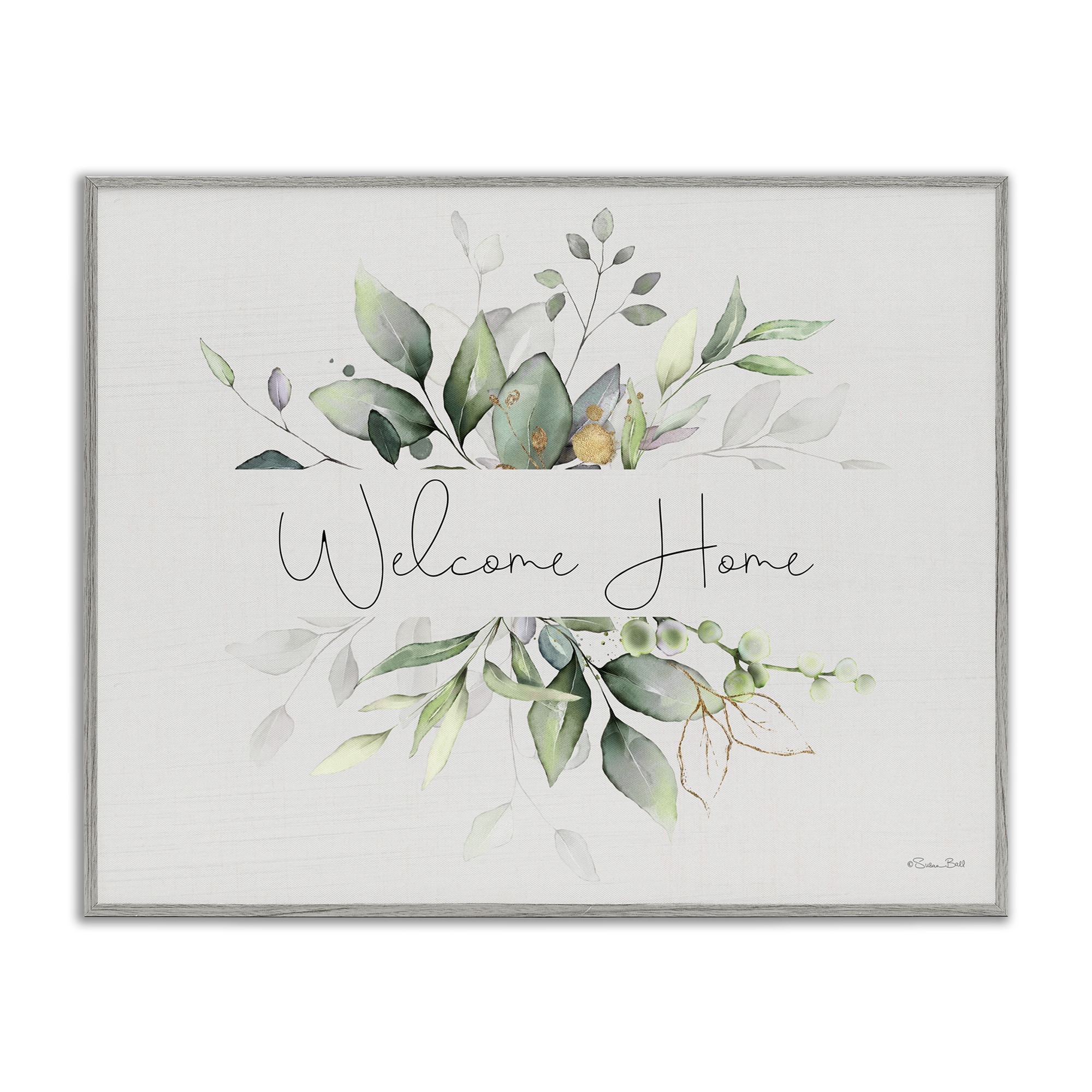 Stupell Industries Soft Leaves Welcome Botanical & Floral Painting Gray Framed Art Print Wall Art, 30 x 24