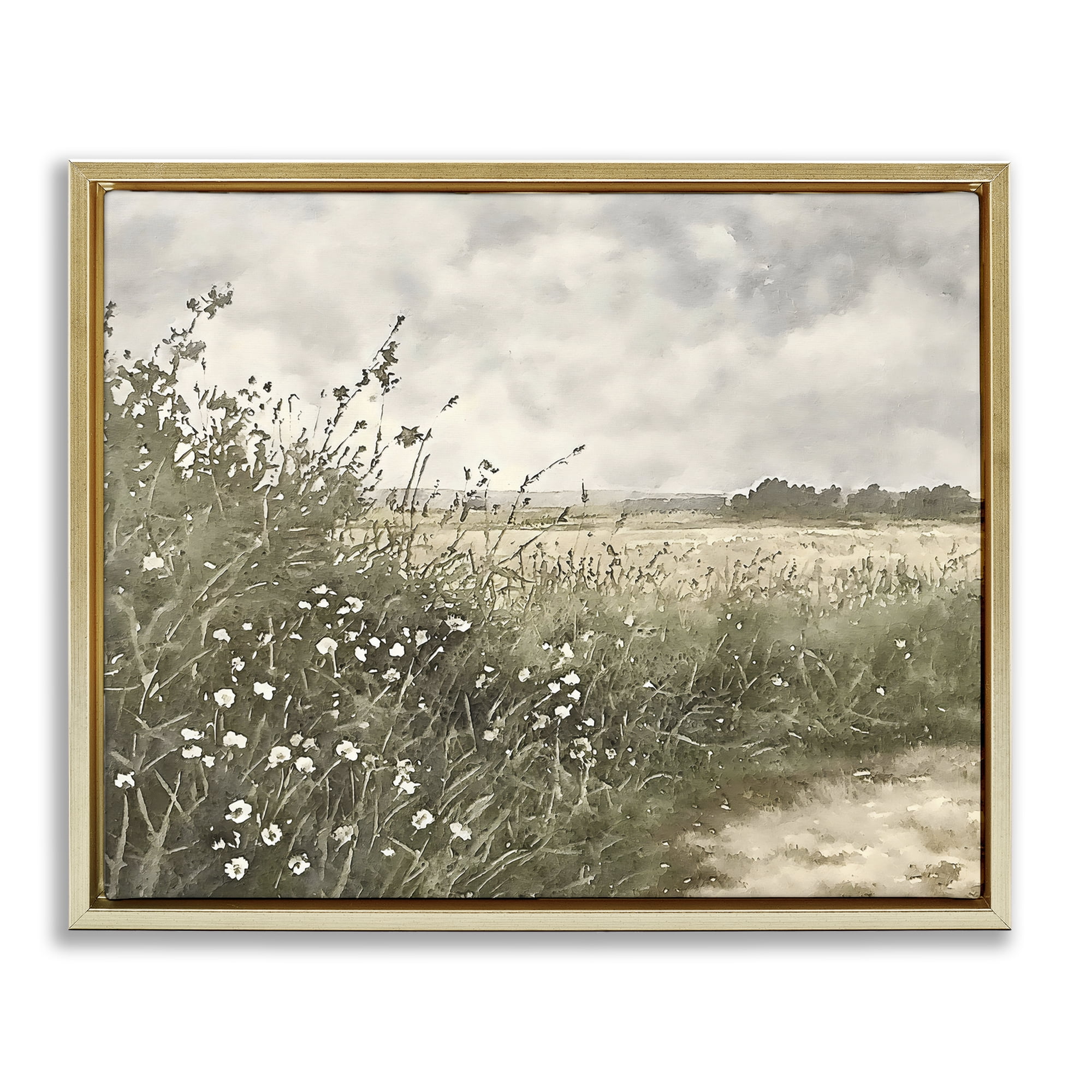 Stupell Industries Soft Meadow Landscape at Dusk Gold Framed Floater Canvas Wall Art, design by Riley B