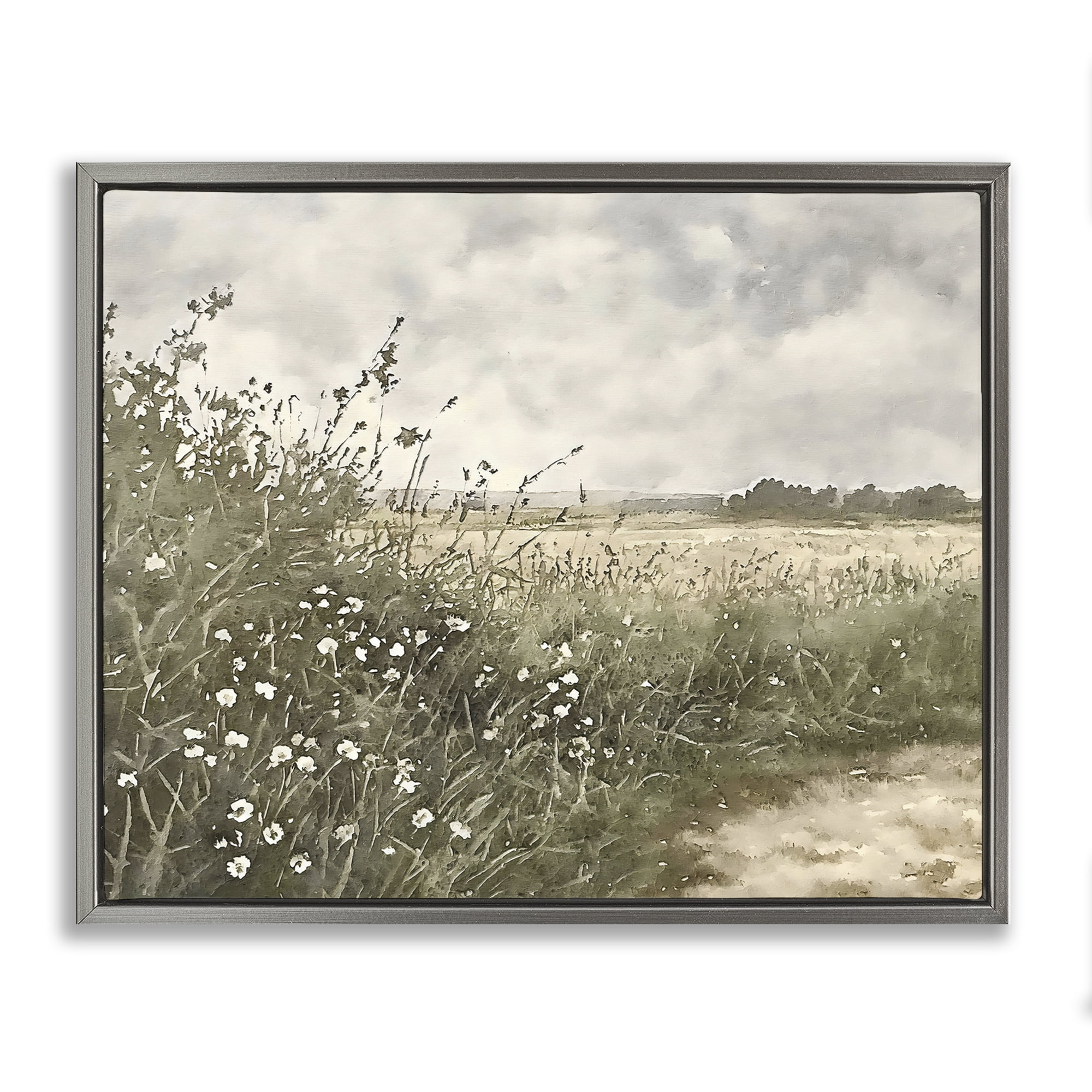Stupell Industries Soft Meadow Landscape at Dusk Gray Framed Floater Canvas Wall Art, design by Riley B