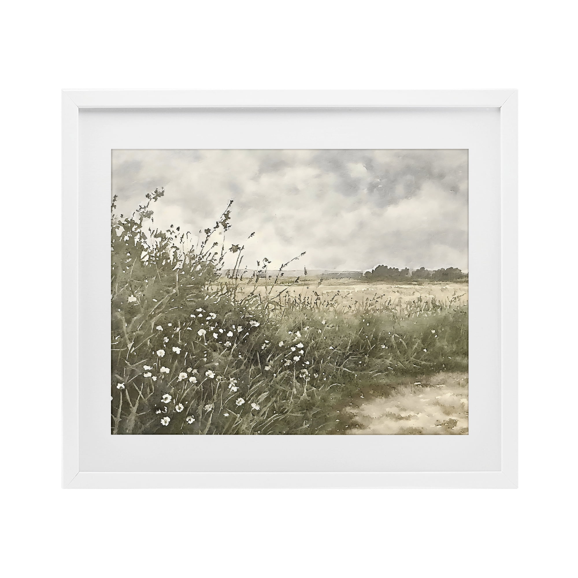 Stupell Industries Soft Meadow Landscape at Dusk White Framed Print Under Glass, design by Riley B