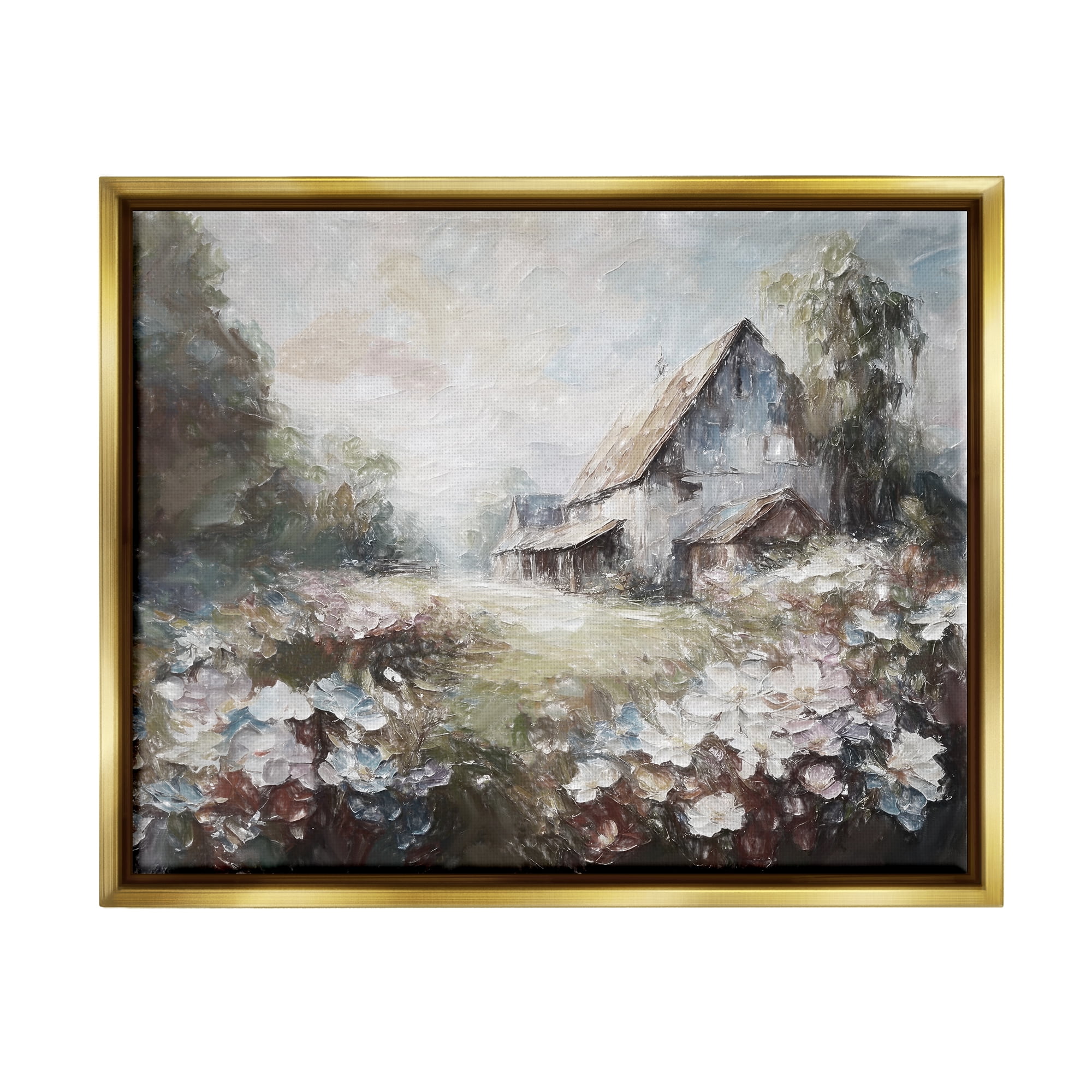 Stupell Industries Soft Meadow in Countryside Landscape Painting Gold Floater Framed Canvas Art Print Wall Art, 31 x 25