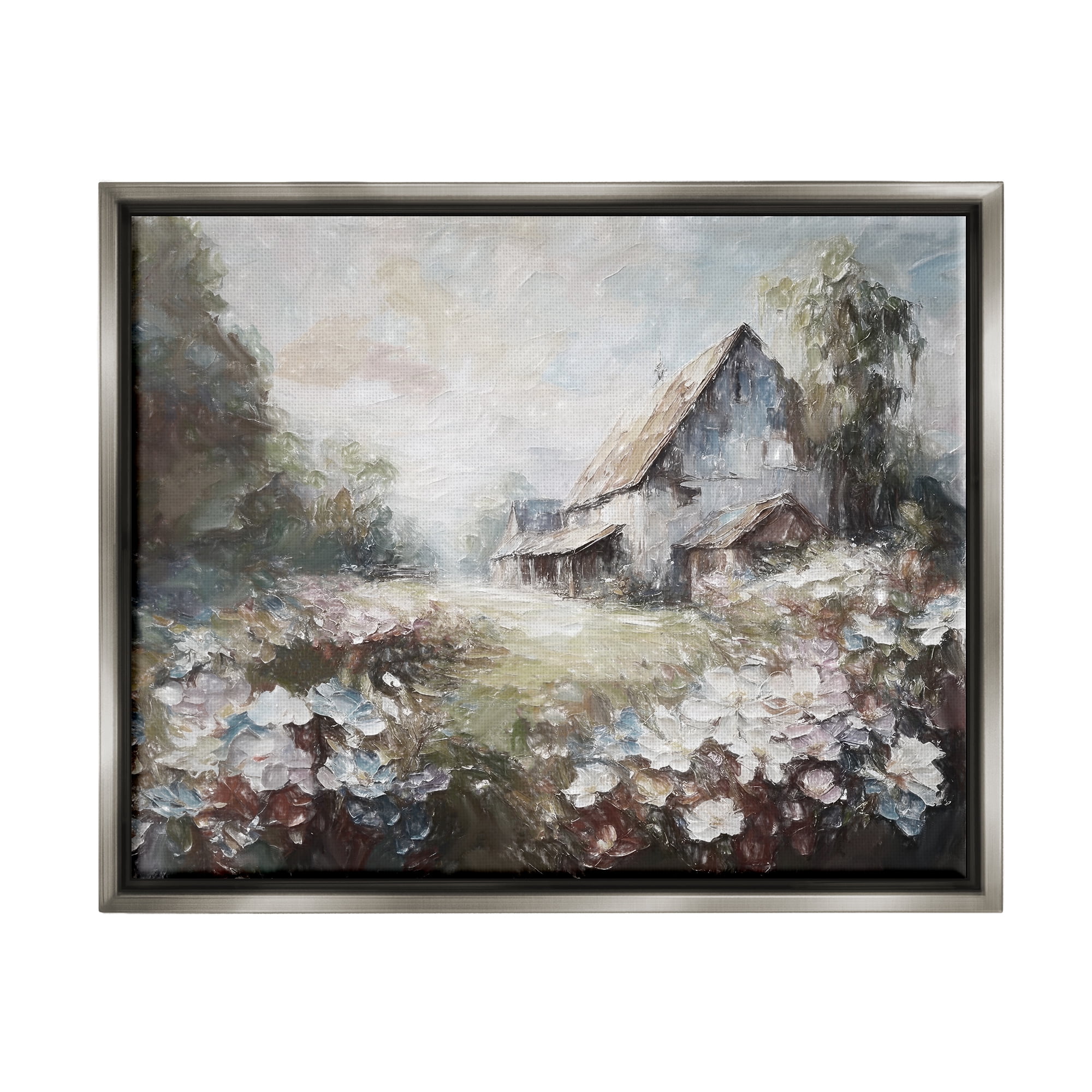 Stupell Industries Soft Meadow in Countryside Landscape Painting Gray Floater Framed Canvas Art Print Wall Art, 21 x 17