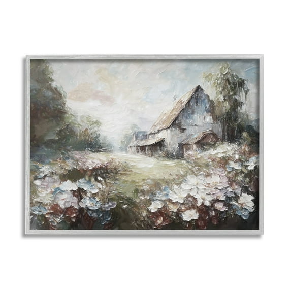 Stupell Industries Soft Meadow in Countryside Landscape Painting Gray Framed Art Print Wall Art, 20 x 16