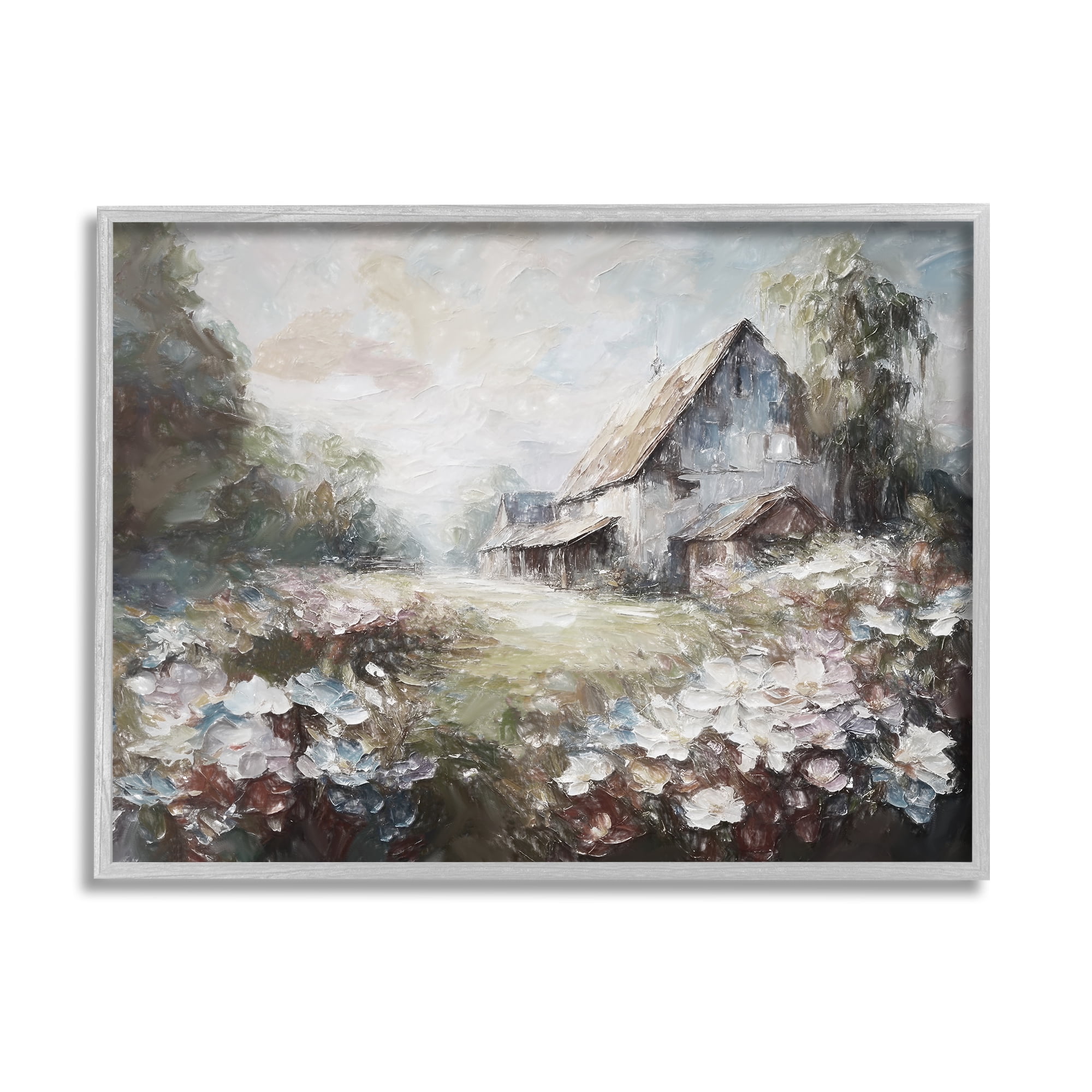 Stupell Industries Soft Meadow in Countryside Landscape Painting Gray Framed Art Print Wall Art, 30 x 24