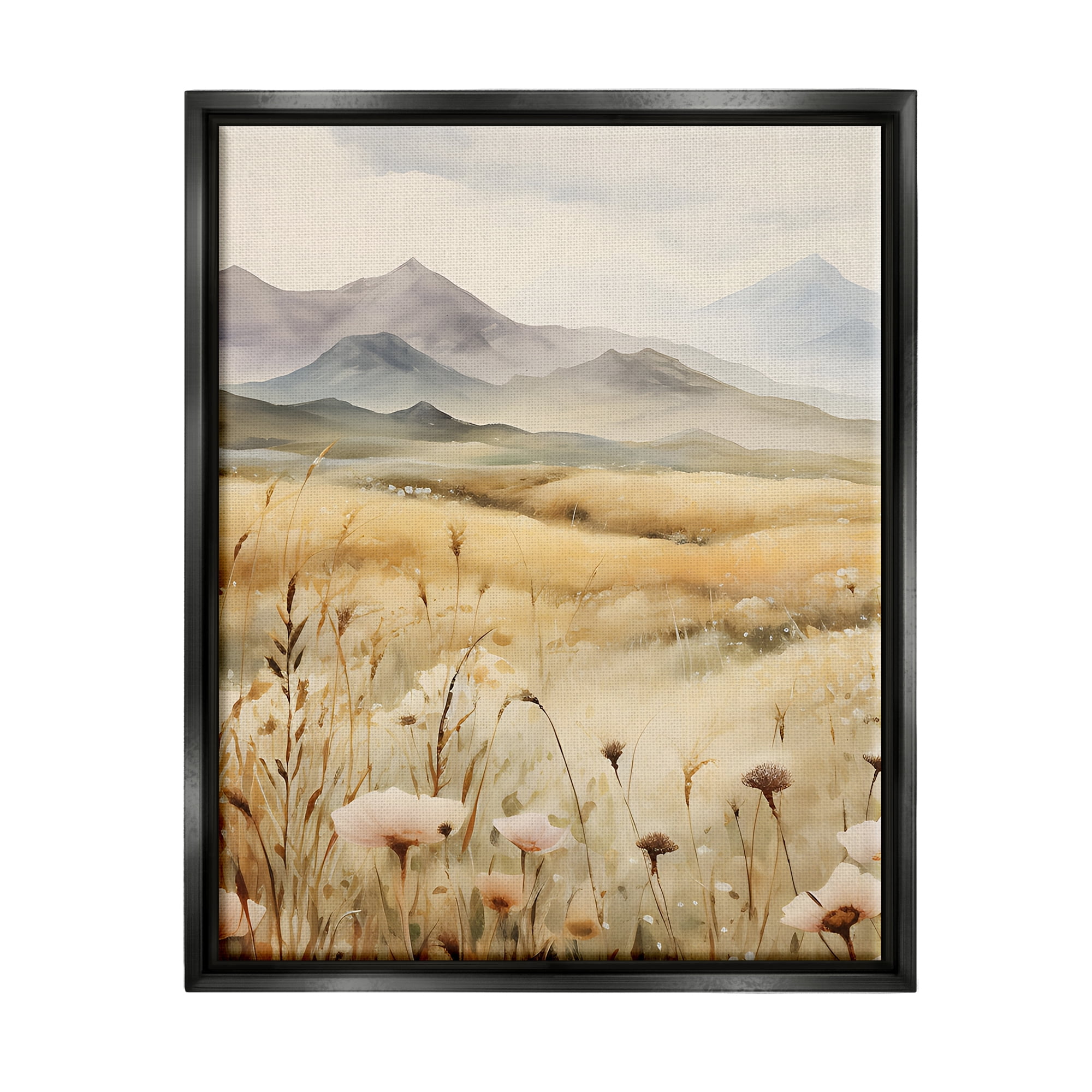 Stupell Industries Soft Mountainside Meadow Landscape Painting Black Floater Framed Canvas Art Print Wall Art, 25 x 31
