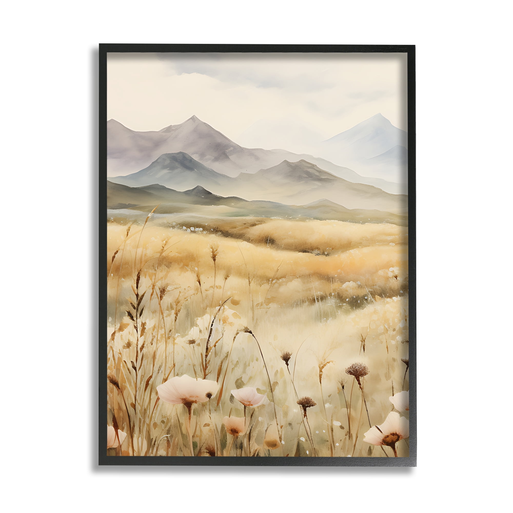 Stupell Industries Soft Mountainside Meadow Landscape Painting Black Framed Art Print Wall Art, 16 x 20