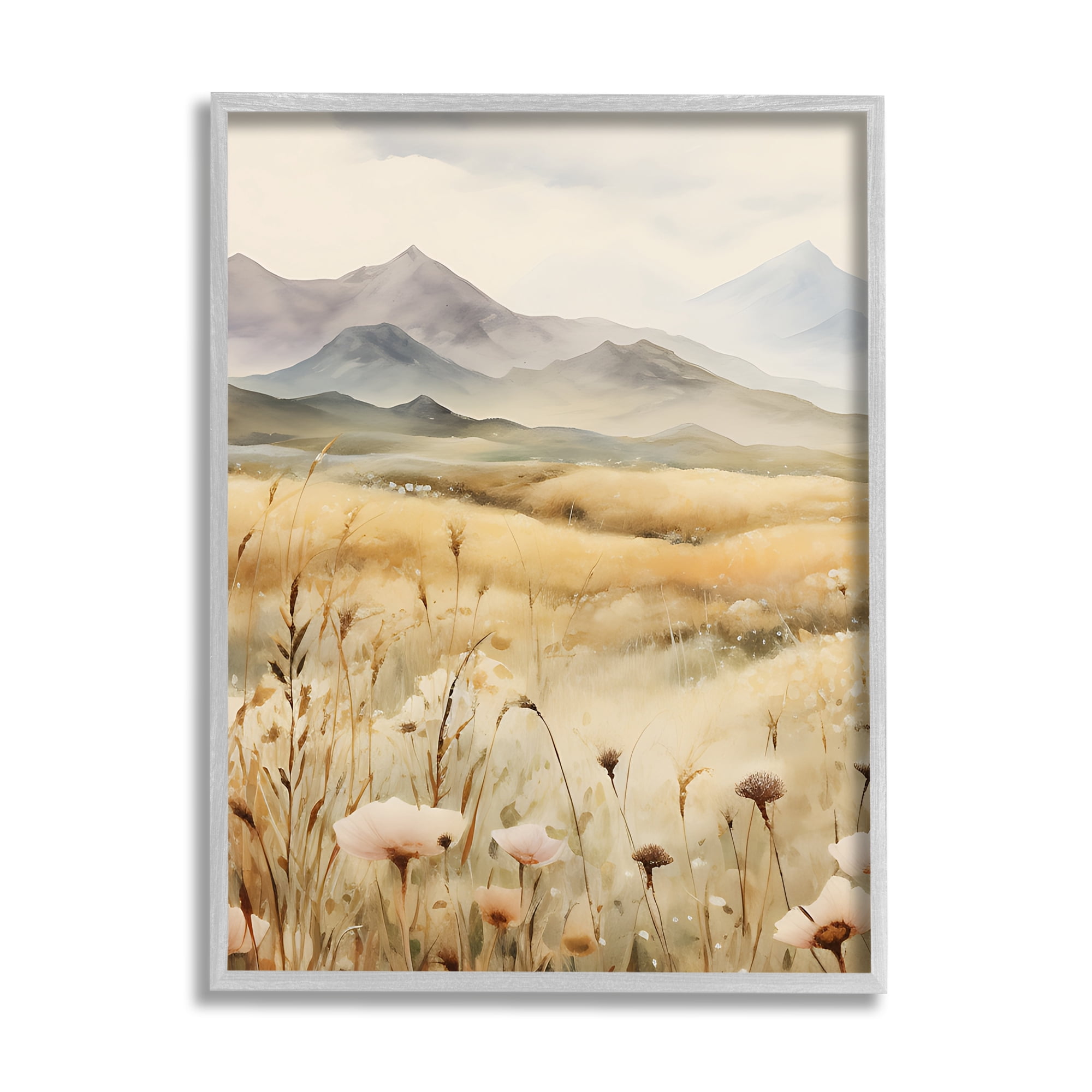Stupell Industries Soft Mountainside Meadow Landscape Painting Gray Framed Art Print Wall Art, 11 x 14