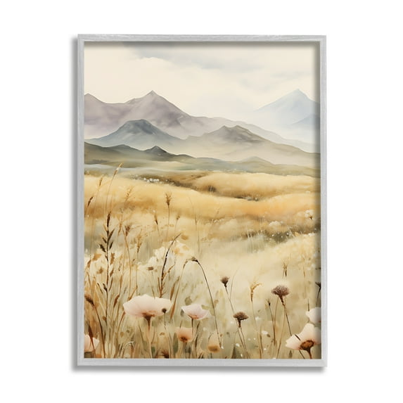 Stupell Industries Soft Mountainside Meadow Landscape Painting Gray Framed Art Print Wall Art, 16 x 20