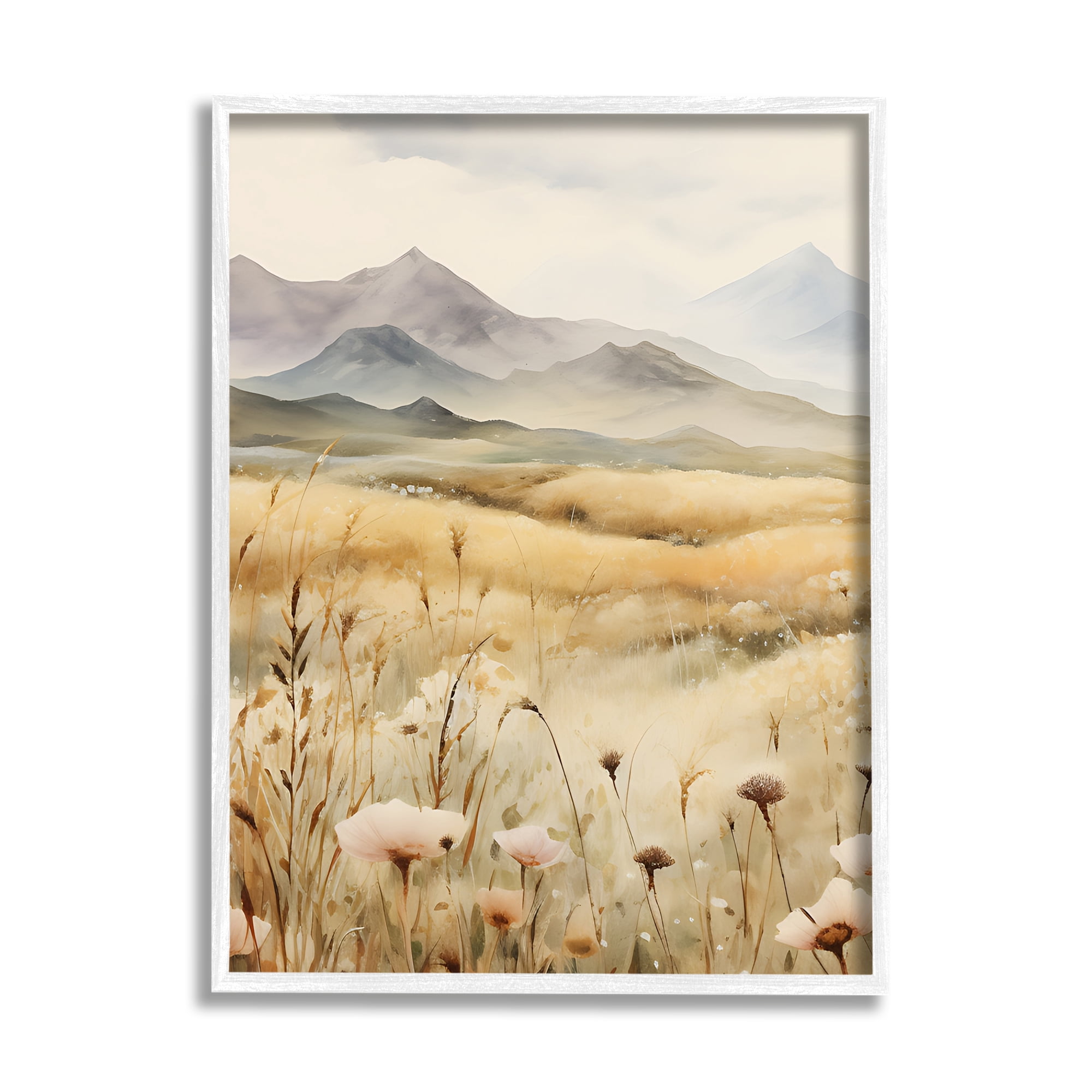 Stupell Industries Soft Mountainside Meadow Landscape Painting White Framed Art Print Wall Art, 24 x 30