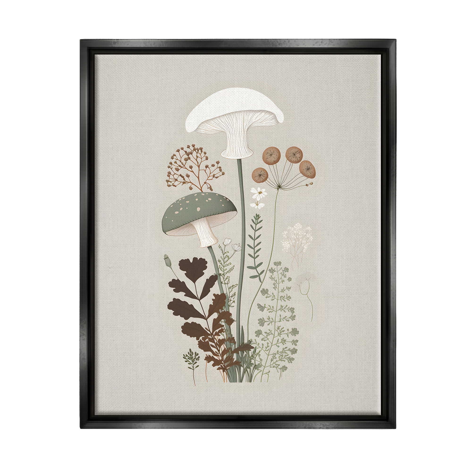 Stupell Industries Soft Mushrooms on Grey Botanical & Floral Painting Black Floater Framed Canvas Art Print Wall Art, 17 x 21