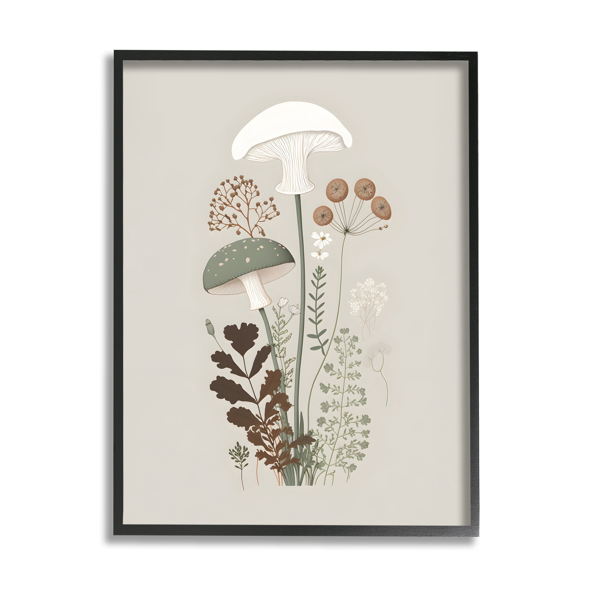 Stupell Industries Soft Mushrooms on Grey Botanical & Floral Painting Black Framed Art Print Wall Art, 16 x 20