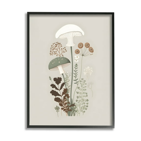 Stupell Industries Soft Mushrooms on Grey Botanical & Floral Painting Black Framed Art Print Wall Art, 24 x 30