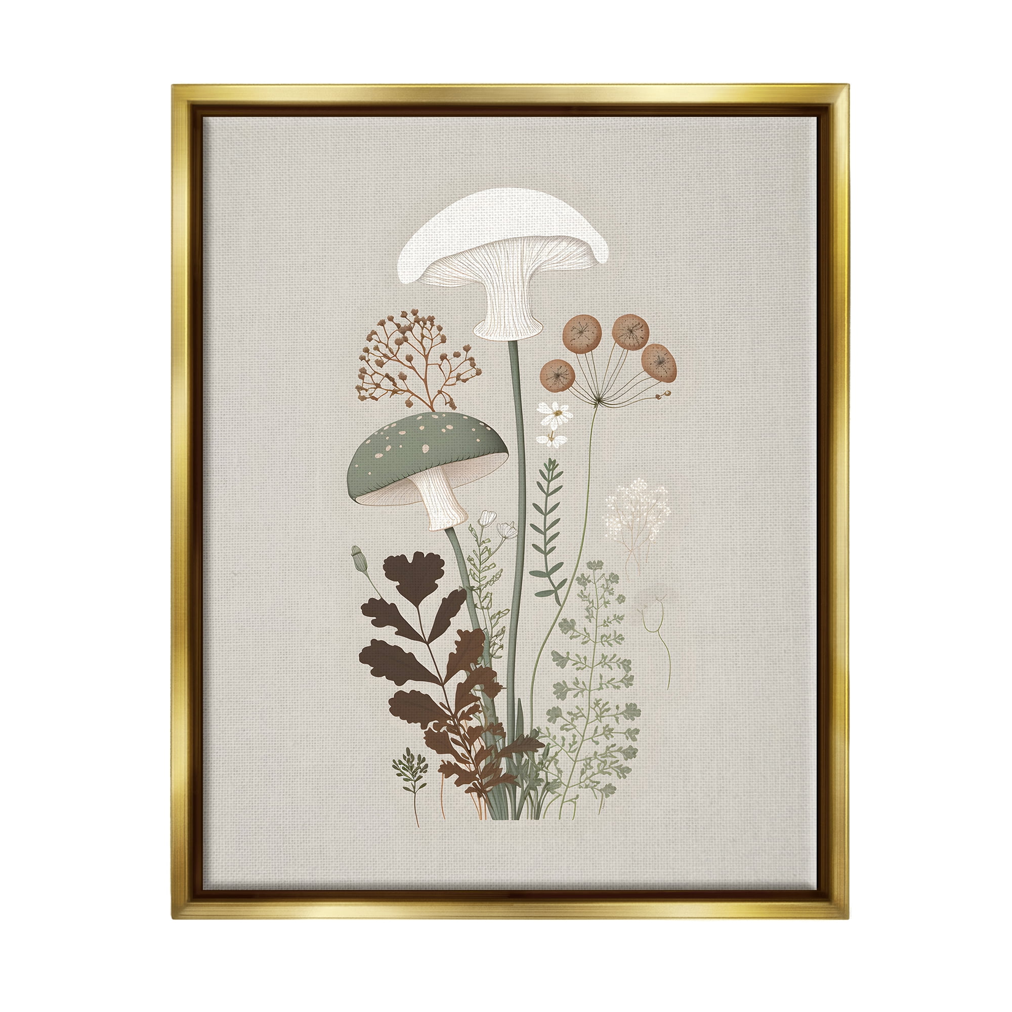Stupell Industries Soft Mushrooms on Grey Botanical & Floral Painting Gold Floater Framed Canvas Art Print Wall Art, 17 x 21