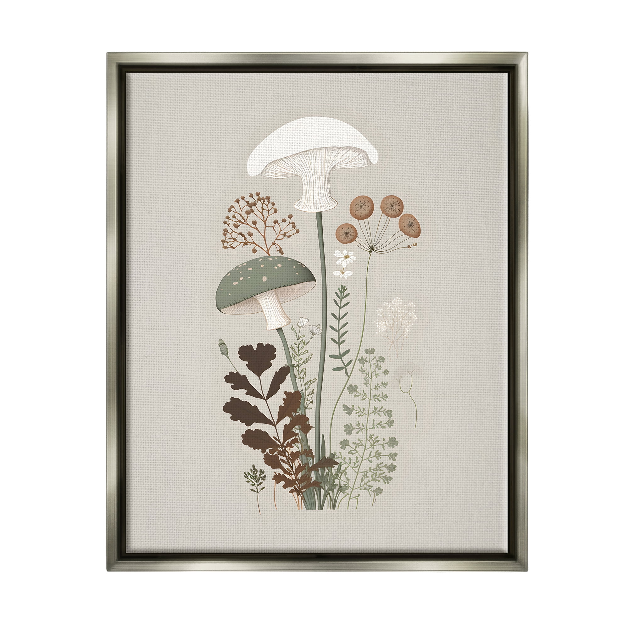 Stupell Industries Soft Mushrooms on Grey Botanical & Floral Painting Gray Floater Framed Canvas Art Print Wall Art, 25 x 31