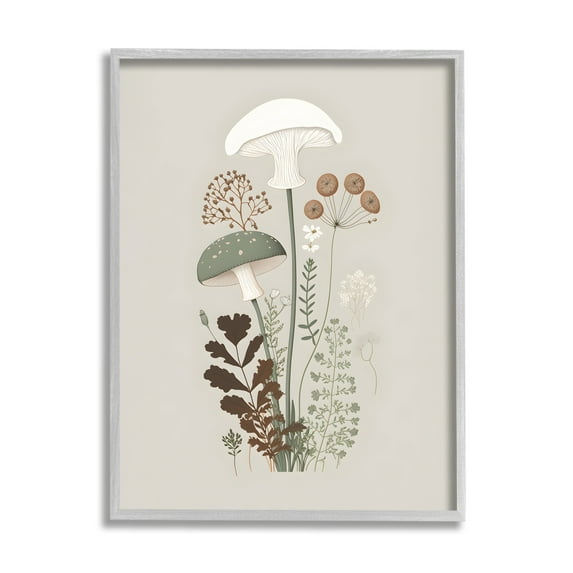 Stupell Industries Soft Mushrooms on Grey Botanical & Floral Painting Gray Framed Art Print Wall Art, 16 x 20