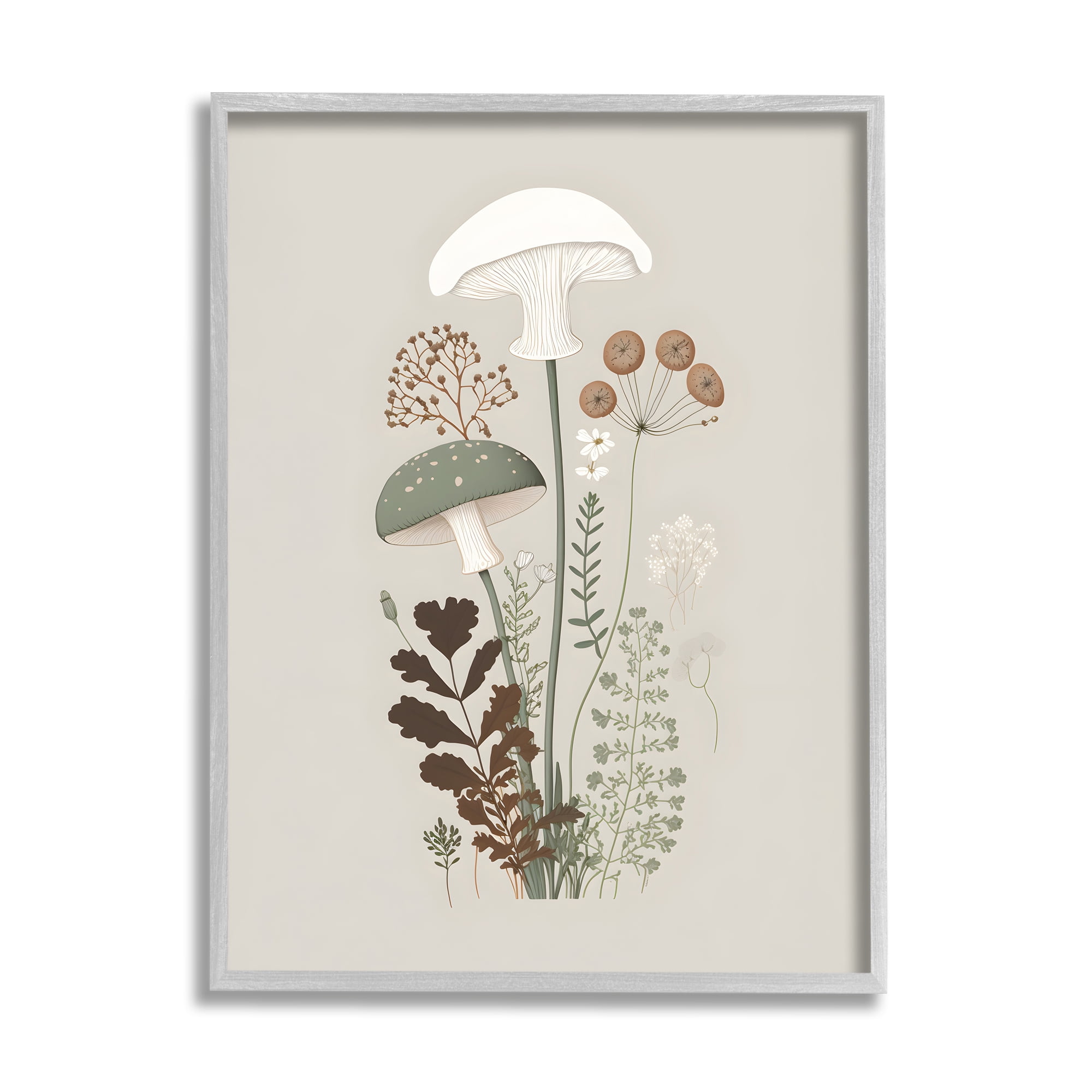 Stupell Industries Soft Mushrooms on Grey Botanical & Floral Painting Gray Framed Art Print Wall Art, 24 x 30