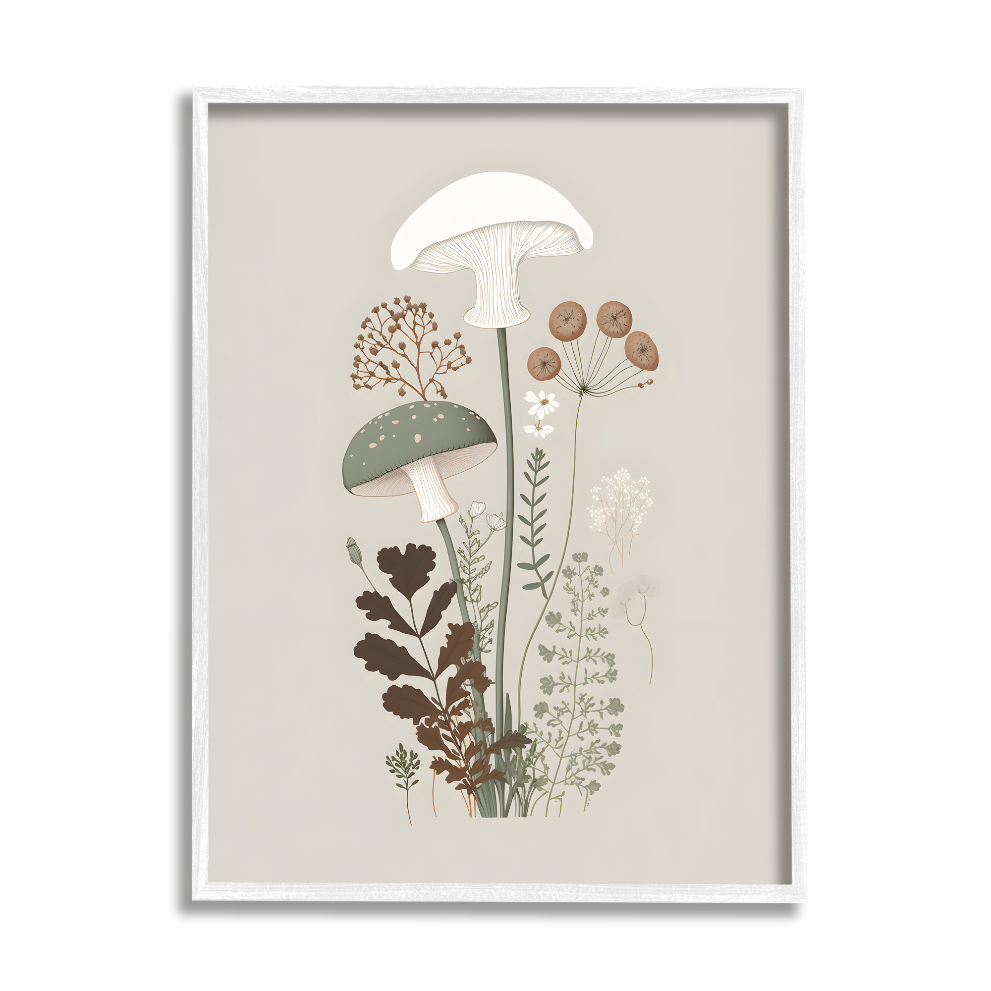 Stupell Industries Soft Mushrooms on Grey Botanical & Floral Painting White Framed Art Print Wall Art, 16 x 20