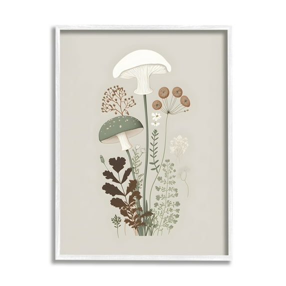 Stupell Industries Soft Mushrooms on Grey Botanical & Floral Painting White Framed Art Print Wall Art, 16 x 20